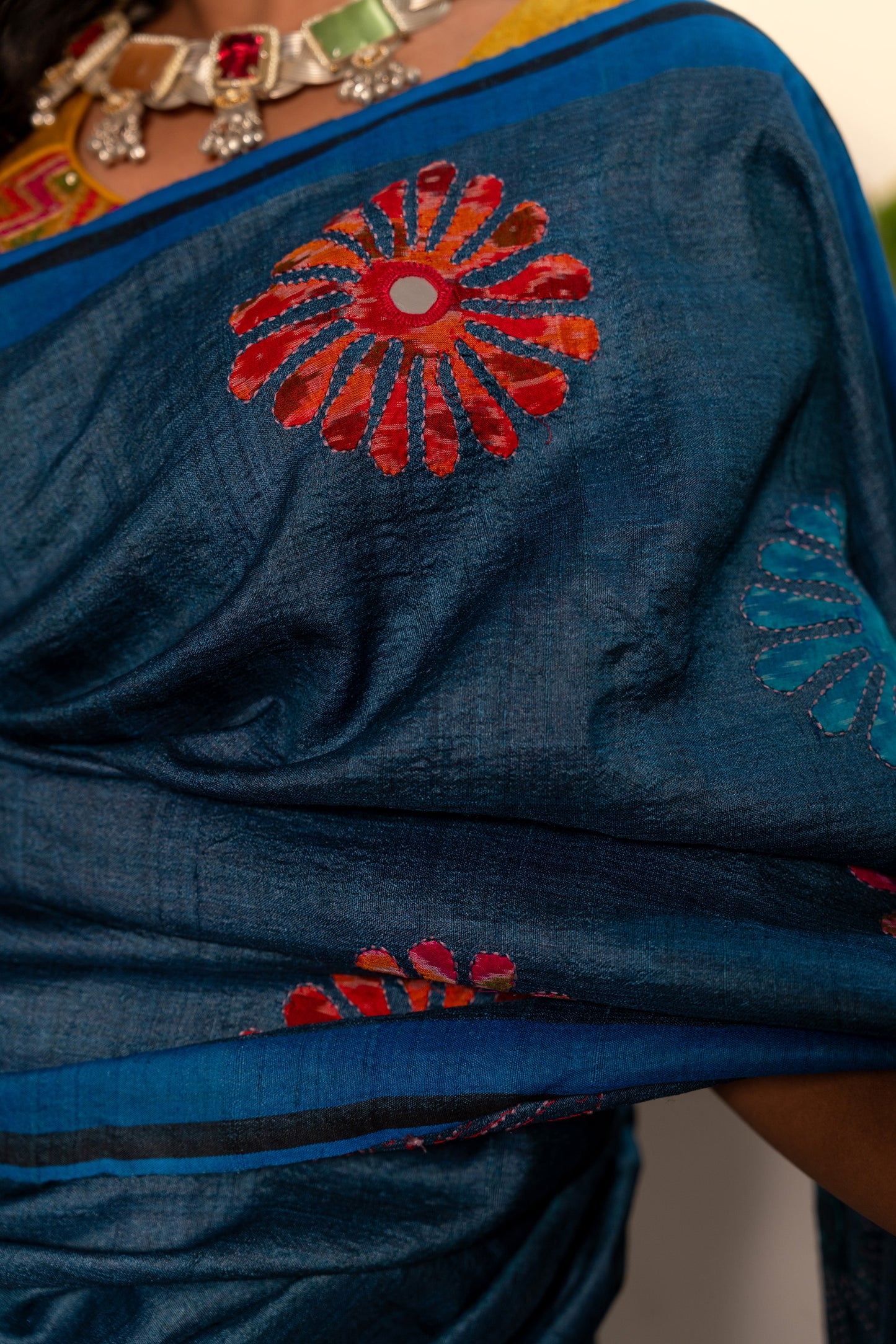 Handcrafted Blue Tussar Silk Saree – Artisanal Appliqué Elegance