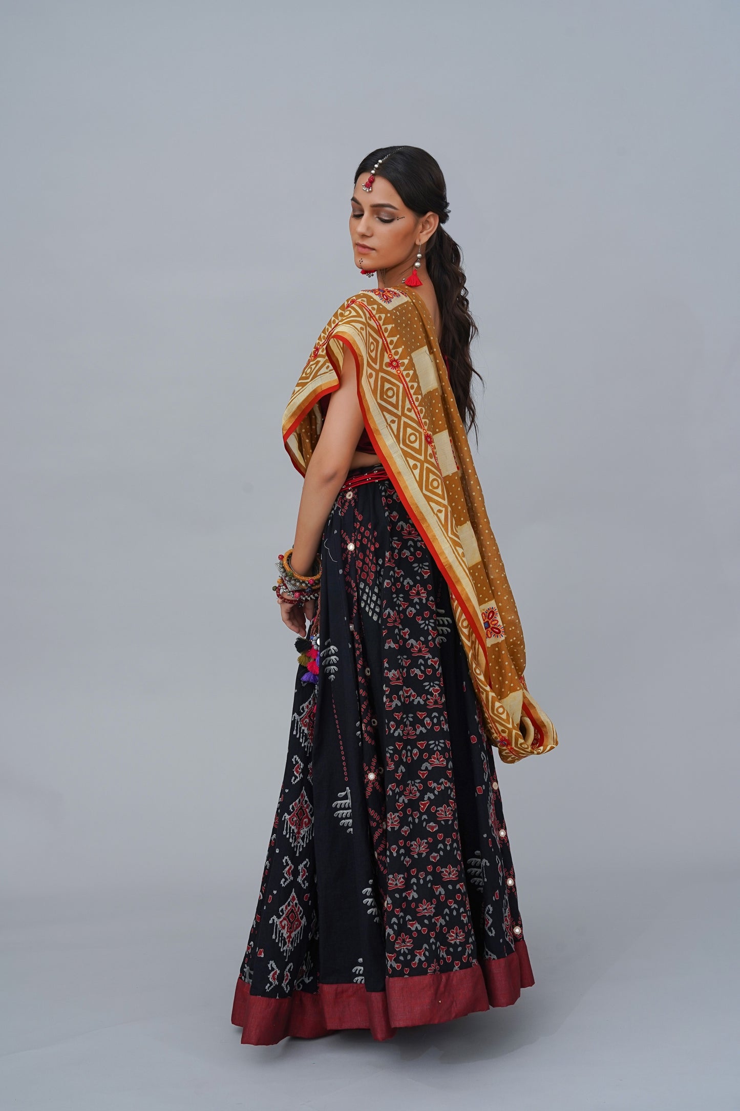 Classic Red Cotton Lehenga With Hand Block Print, Mirror Work & Hand Embroidery – Navratri Collection