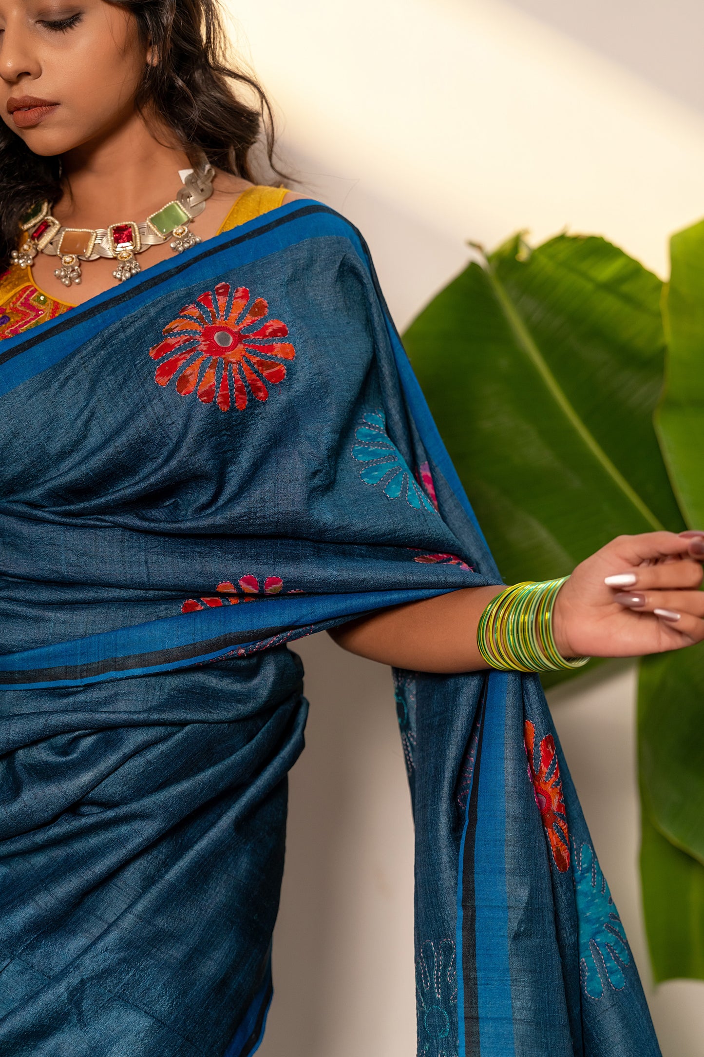 Handcrafted Blue Tussar Silk Saree – Artisanal Appliqué Elegance