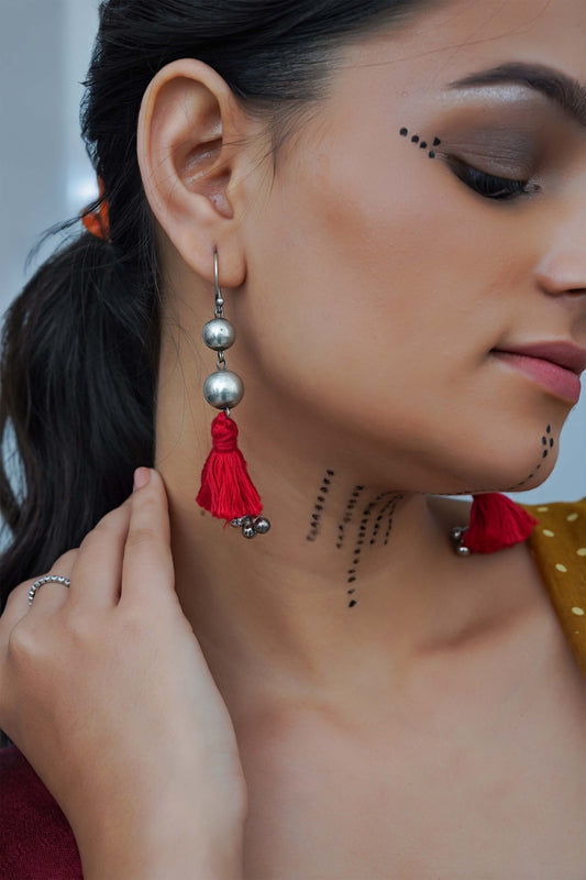 Red Oxidised Ball With Tassels Earring