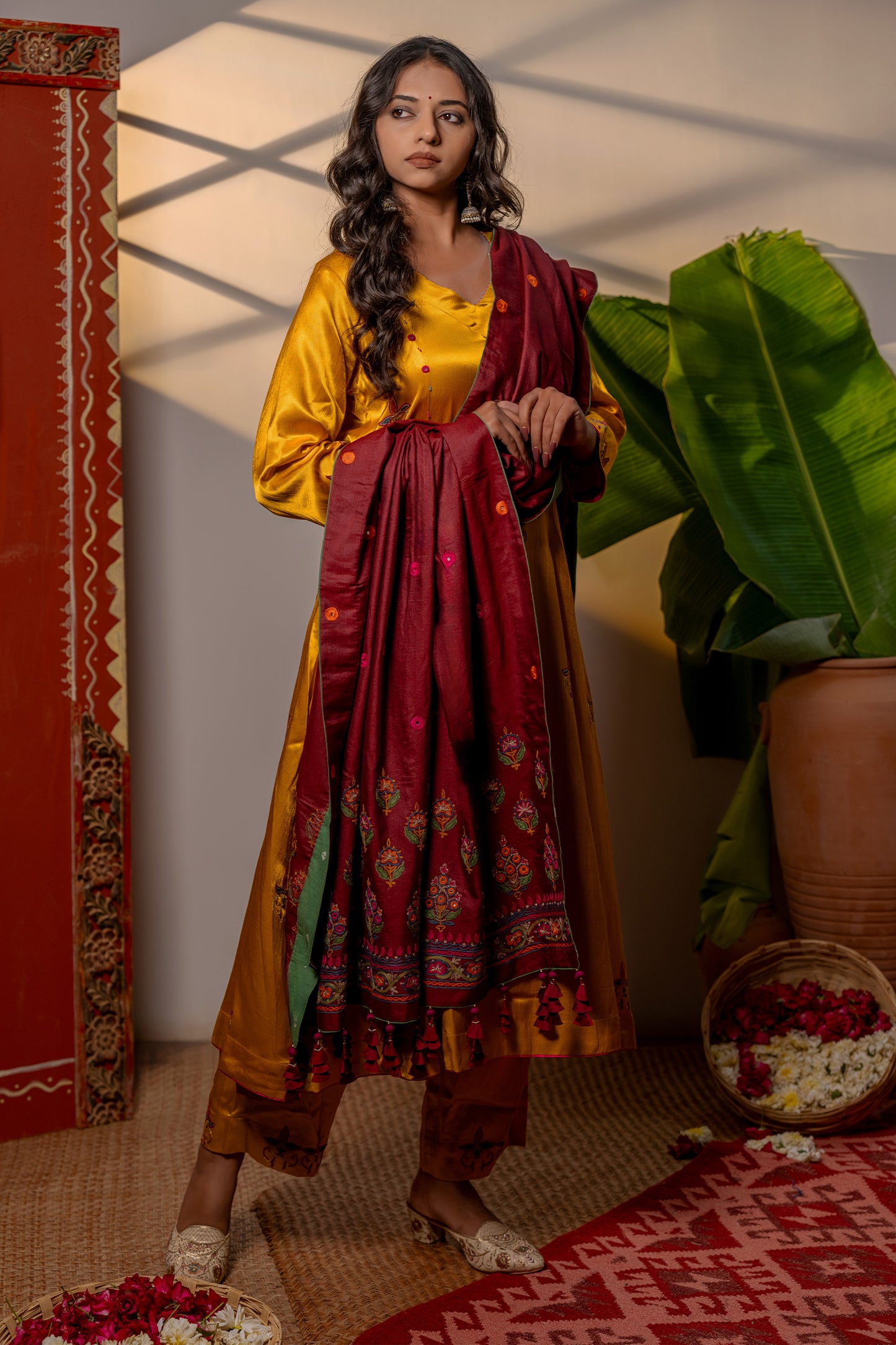 Handwoven Burgundy Dupatta With Exquisite Aari Embroidery