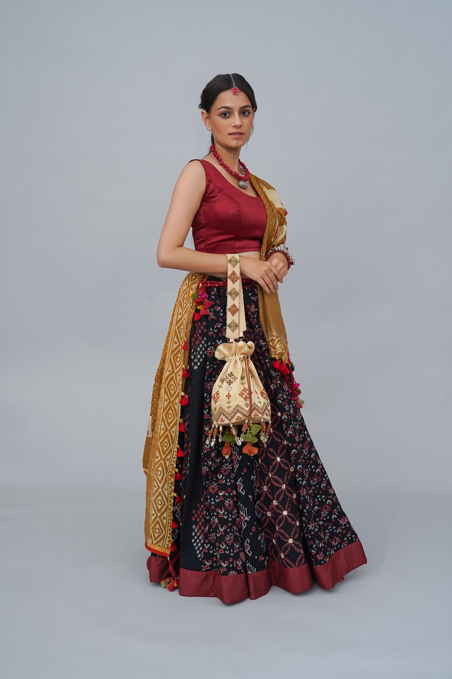 Mustard Chanderi Hand Block-Printed Dupatta With Crafted Red Tassels