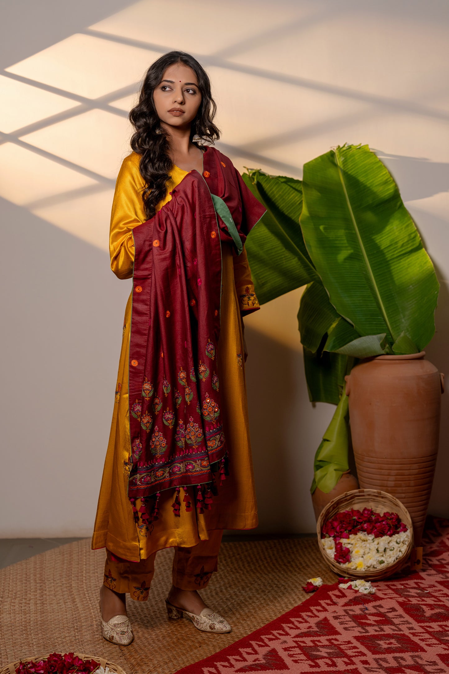 Handwoven Burgundy Dupatta With Exquisite Aari Embroidery