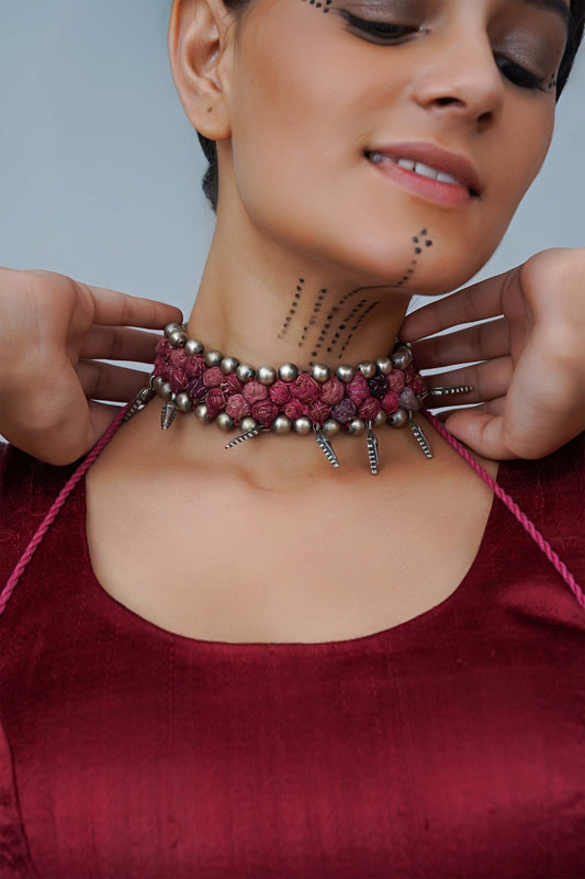 Peach Thread Ball Leaf Choker