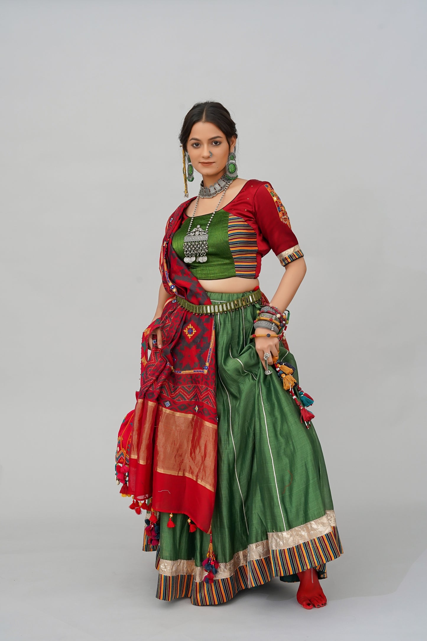 Green Chanderi Silk Navratri Lehenga With Handwoven Mashru Stripes & Original Lumpi Border