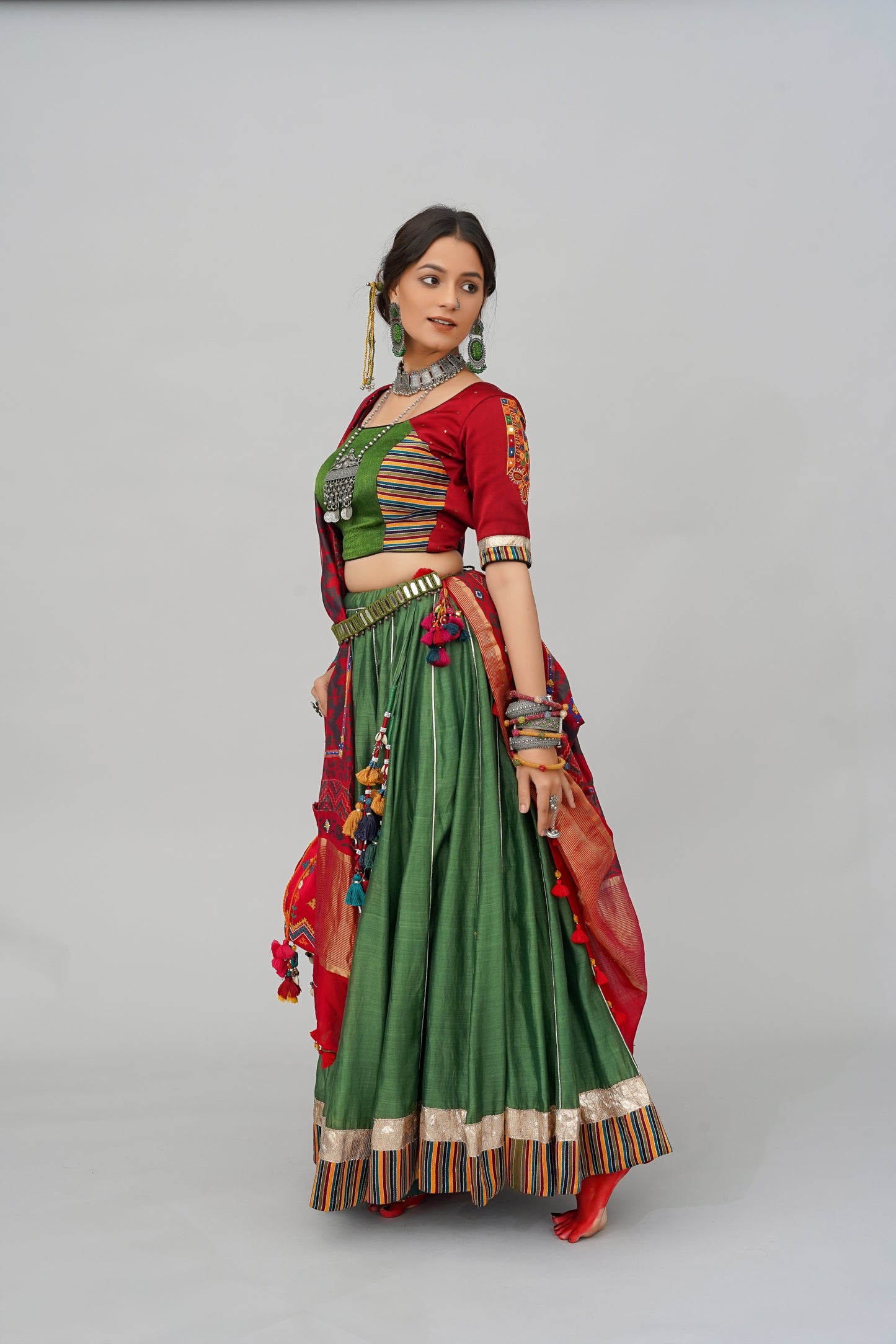 Green Chanderi Silk Navratri Lehenga With Handwoven Mashru Stripes & Original Lumpi Border