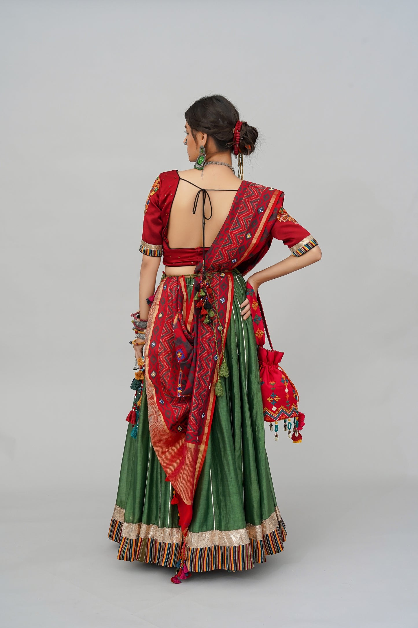 Green Chanderi Silk Navratri Lehenga With Handwoven Mashru Stripes & Original Lumpi Border