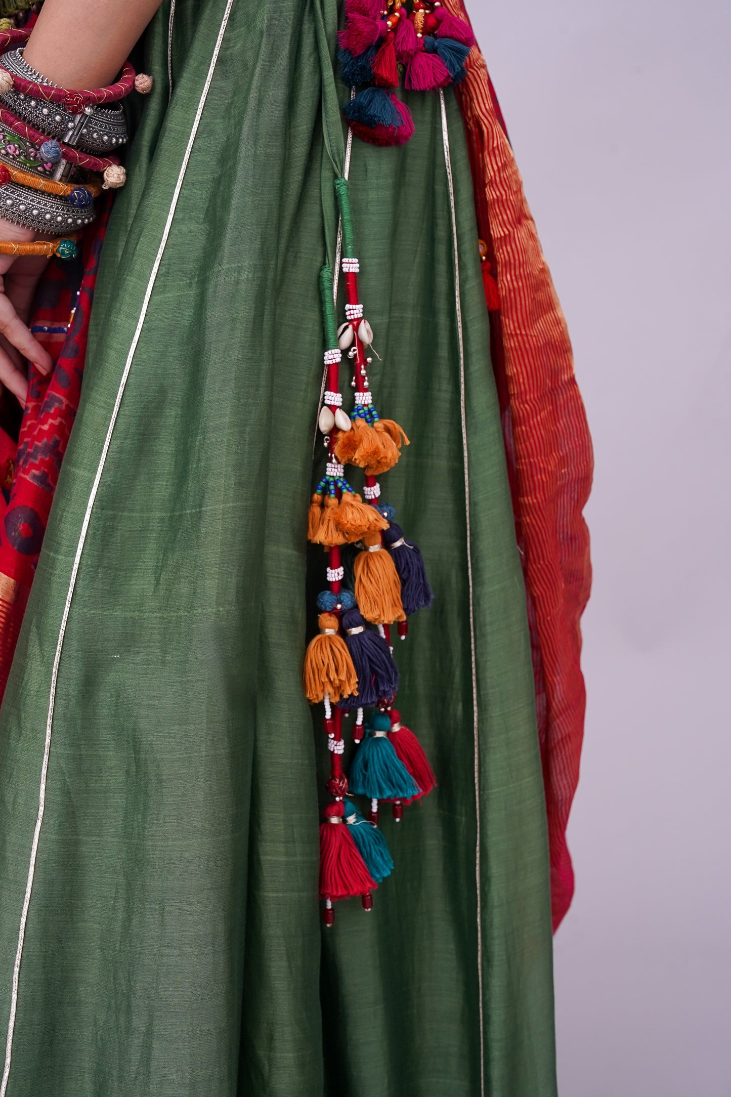 Green Chanderi Silk Navratri Lehenga With Handwoven Mashru Stripes & Original Lumpi Border