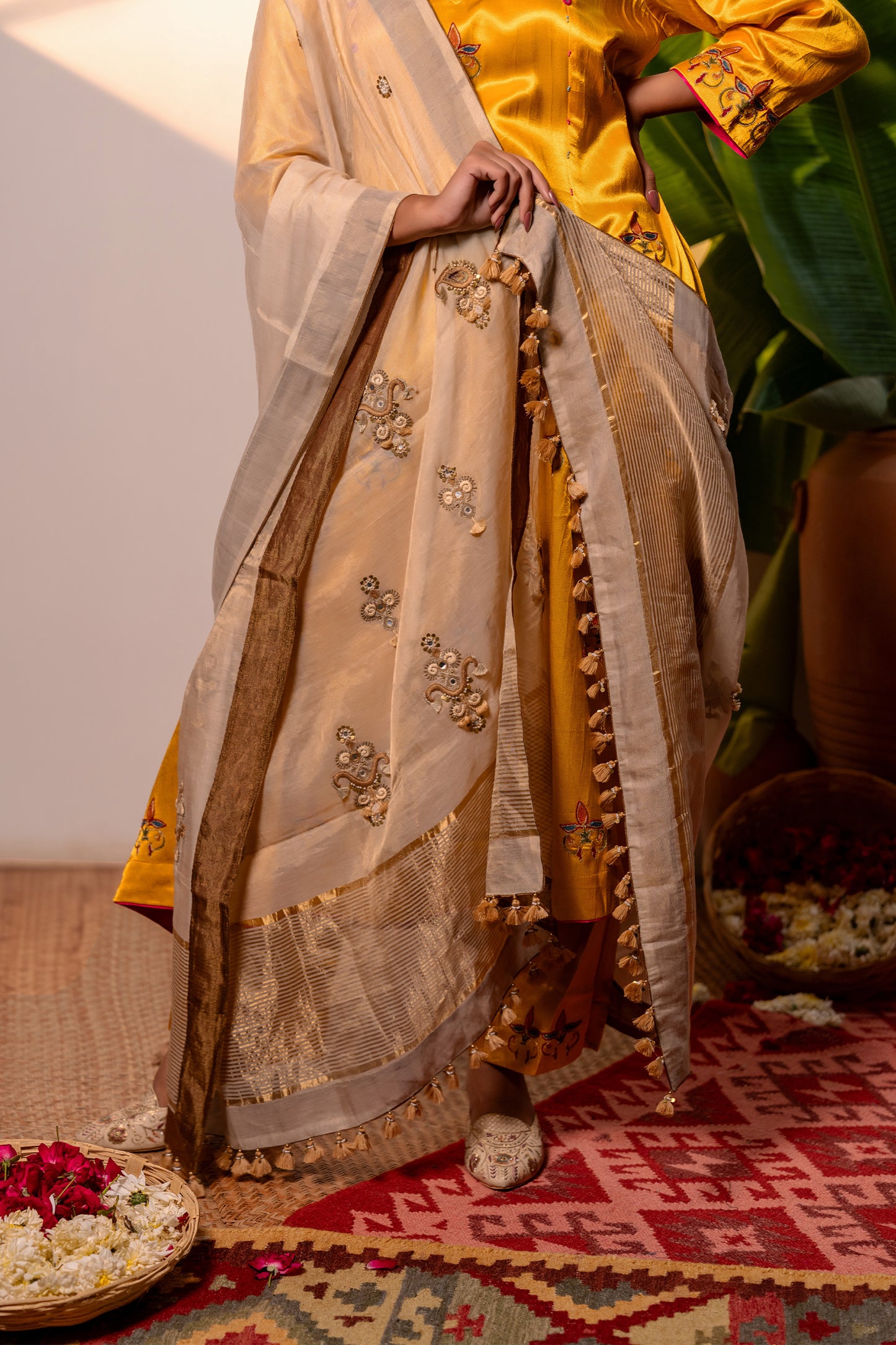 Ivory Tissue Silk Dupatta With Intricate Aari Work