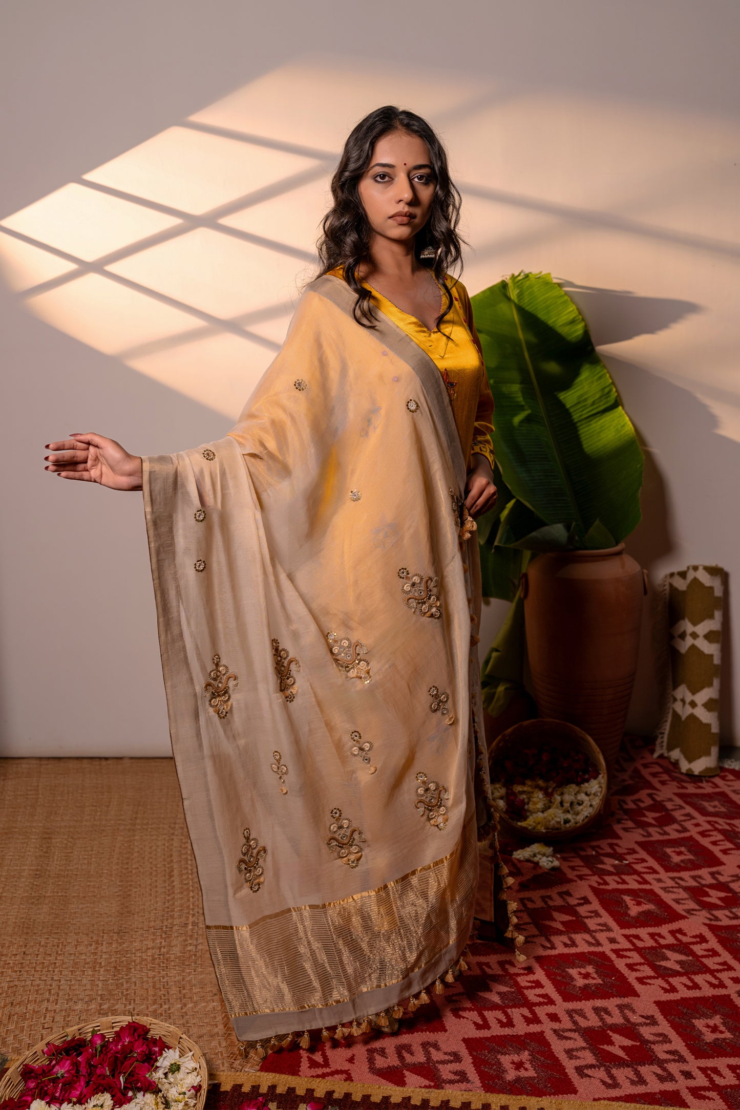 Ivory Tissue Silk Dupatta With Intricate Aari Work