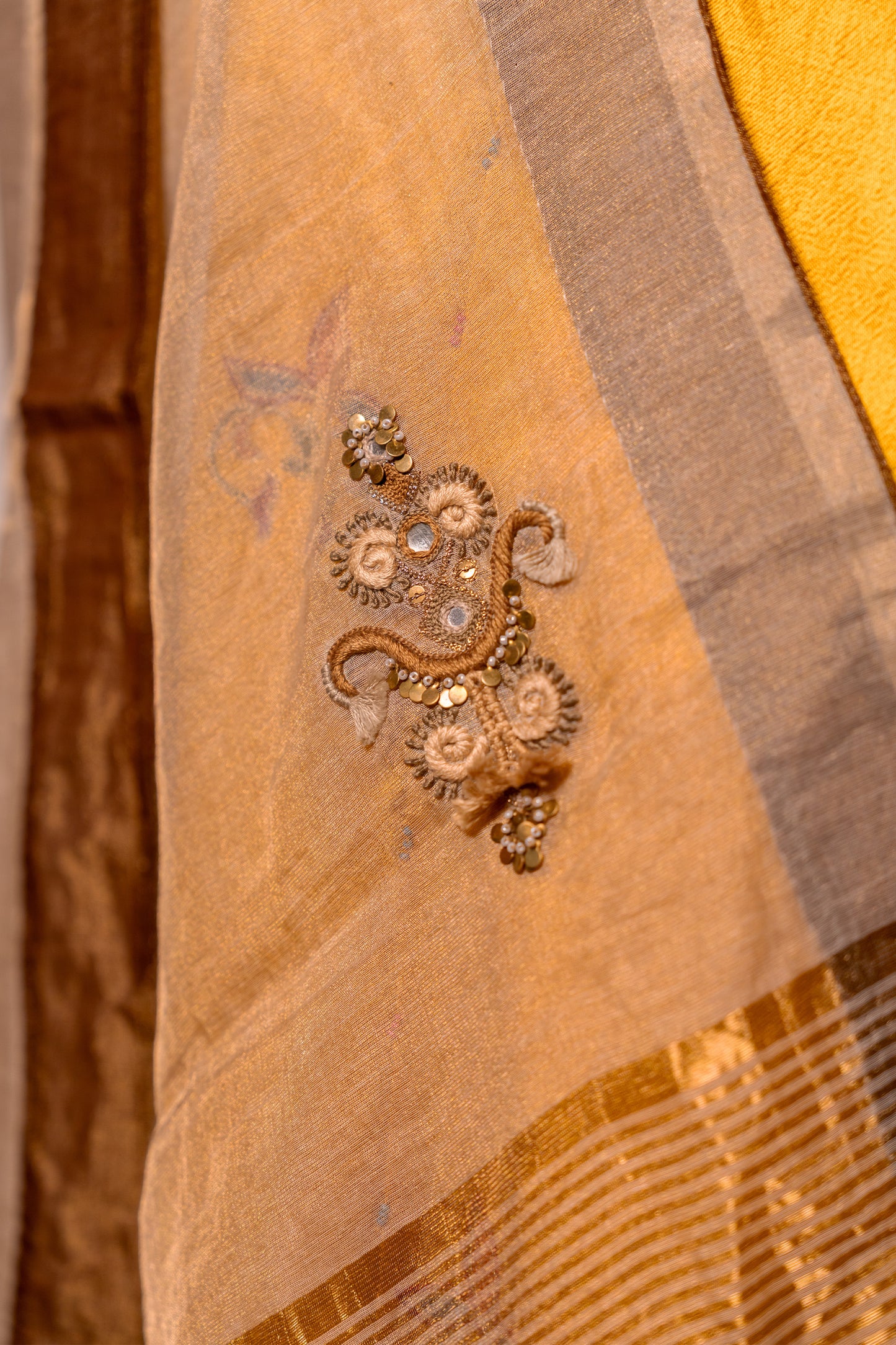 Ivory Tissue Silk Dupatta With Intricate Aari Work