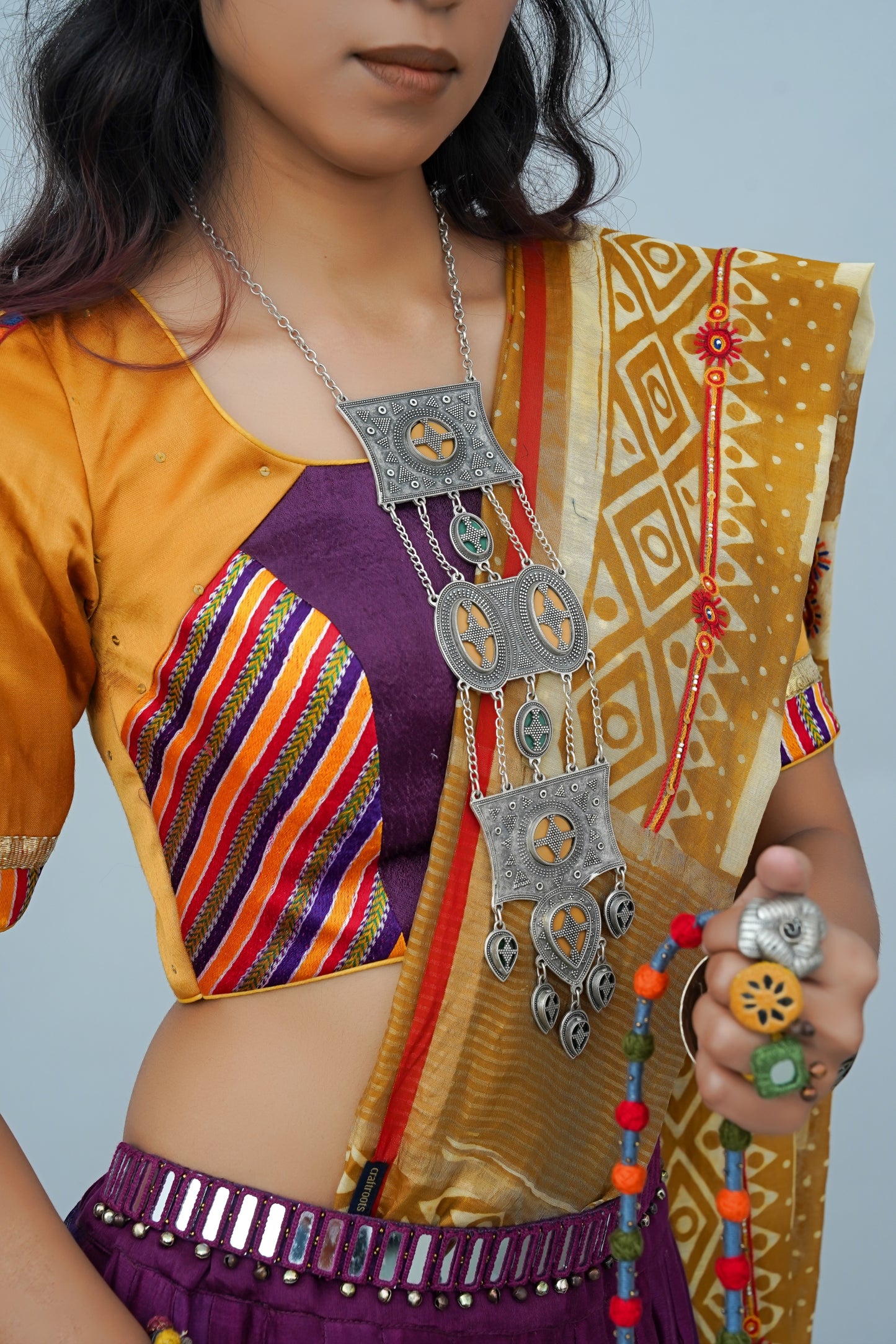 Gorgeous Mustard- Purple Mashru Silk Hand-Embroidered Blouse