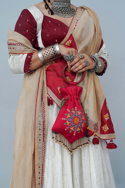 Pink Kutchi Aari Pentagon Potli