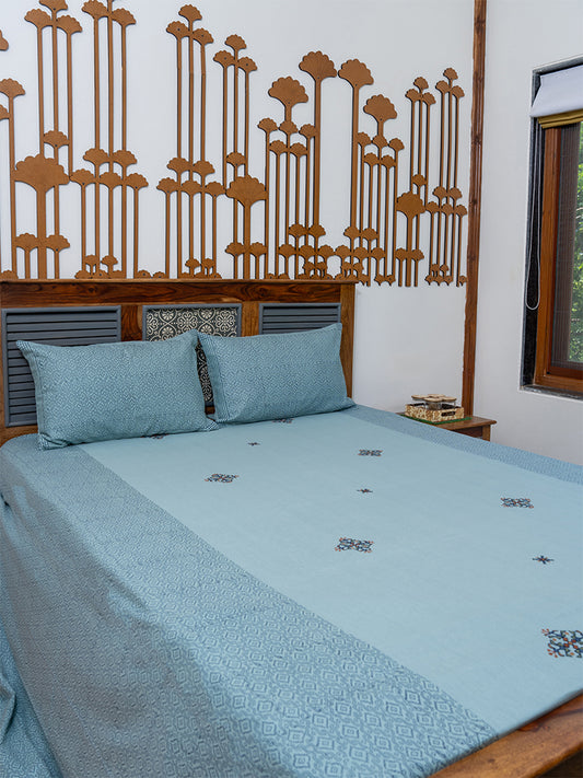 Sky Blue Block Print Bedsheet Set