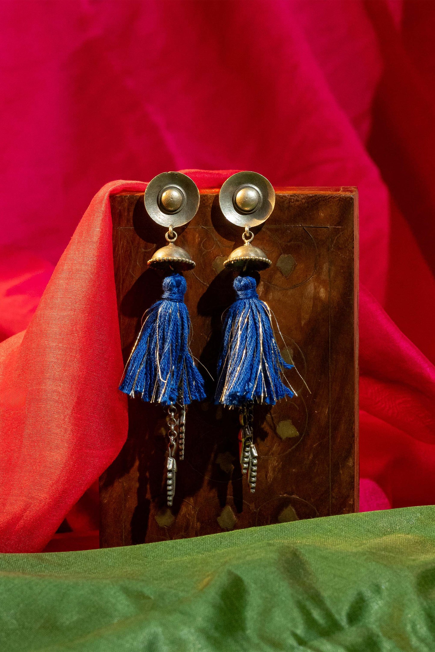 Blue Oxidised Tassel Jhumka