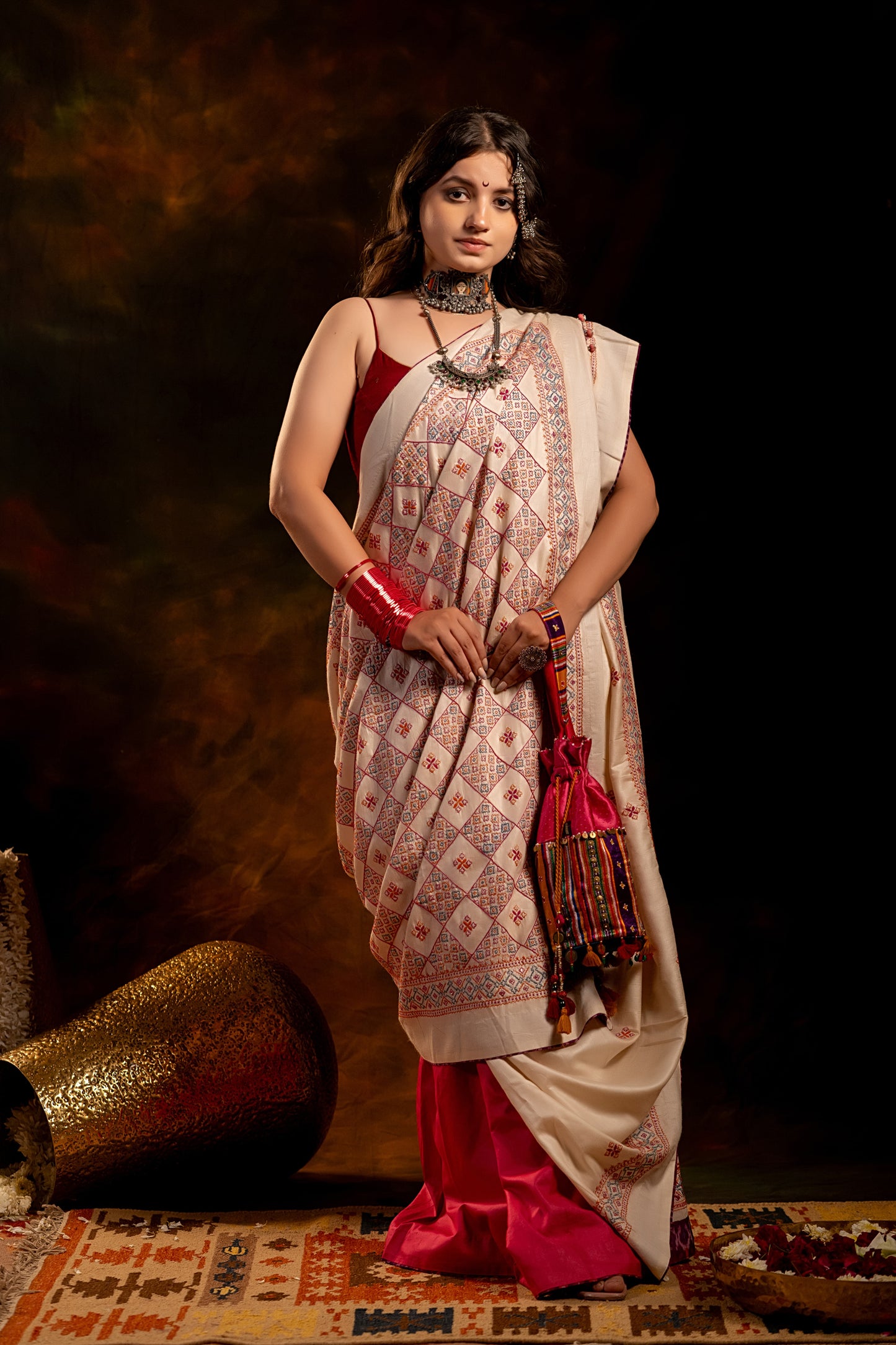 Handwoven White Satin Silk Saree With Dharwadi Motifs