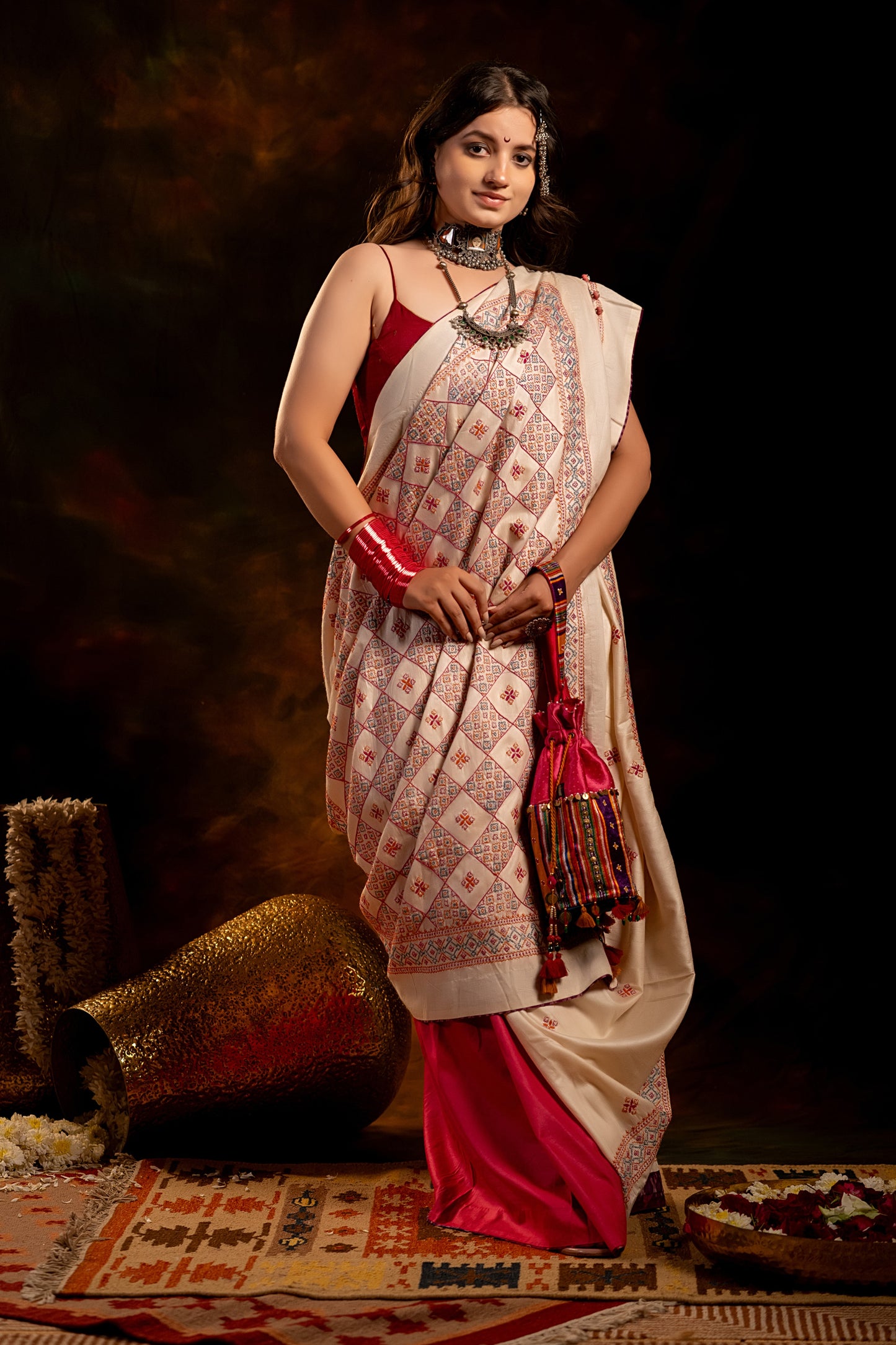 Handwoven White Satin Silk Saree With Dharwadi Motifs