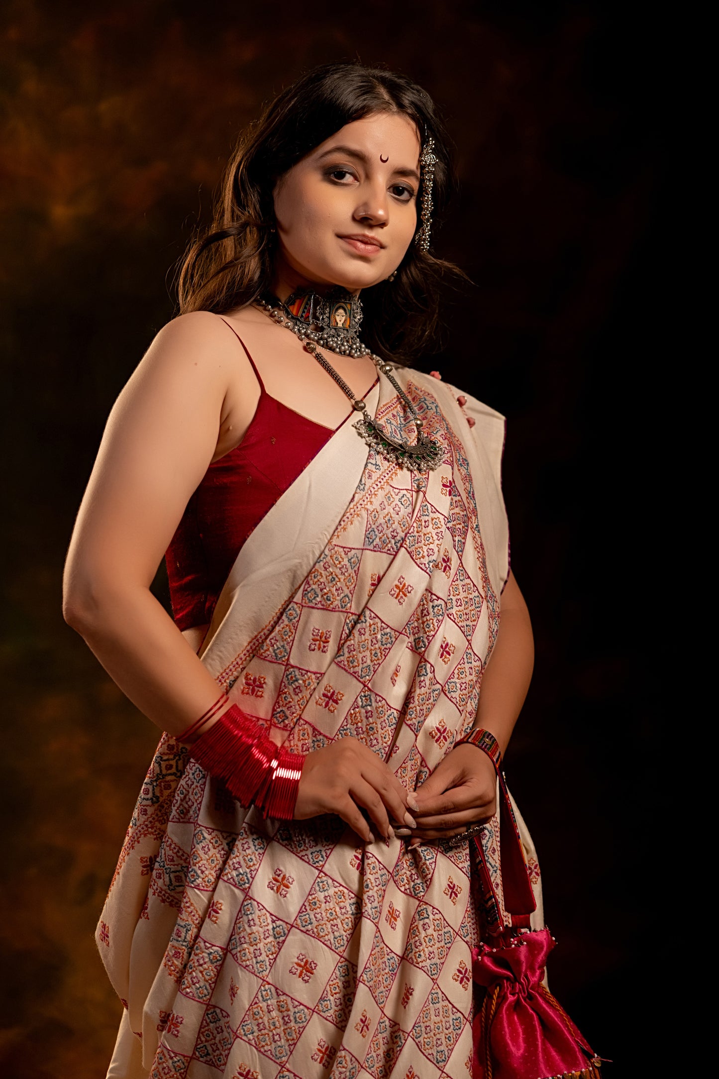 Handwoven White Satin Silk Saree With Dharwadi Motifs