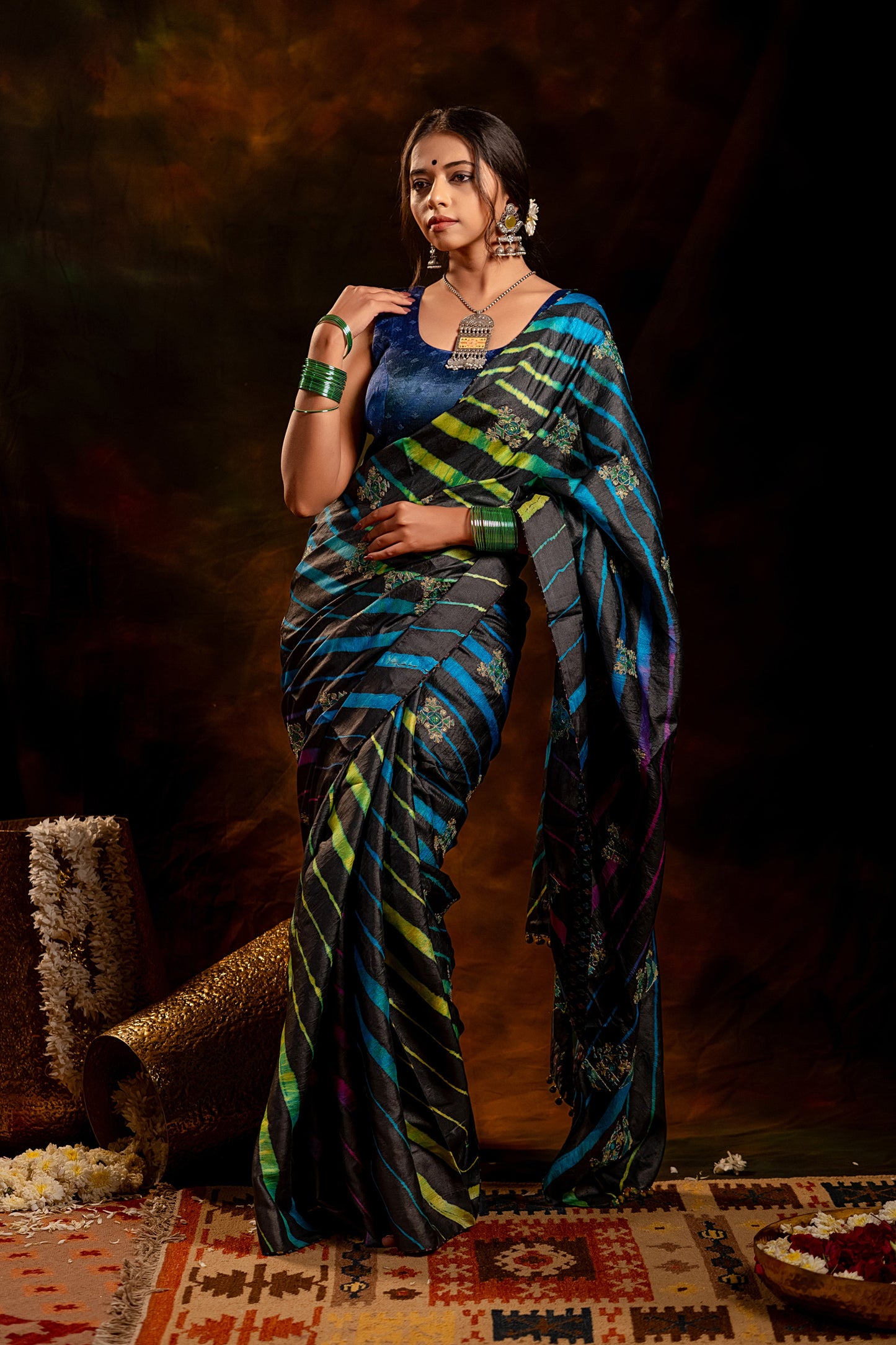 Black Tussar Silk Saree – Heritage Leheriya & Artisanal Detailing
