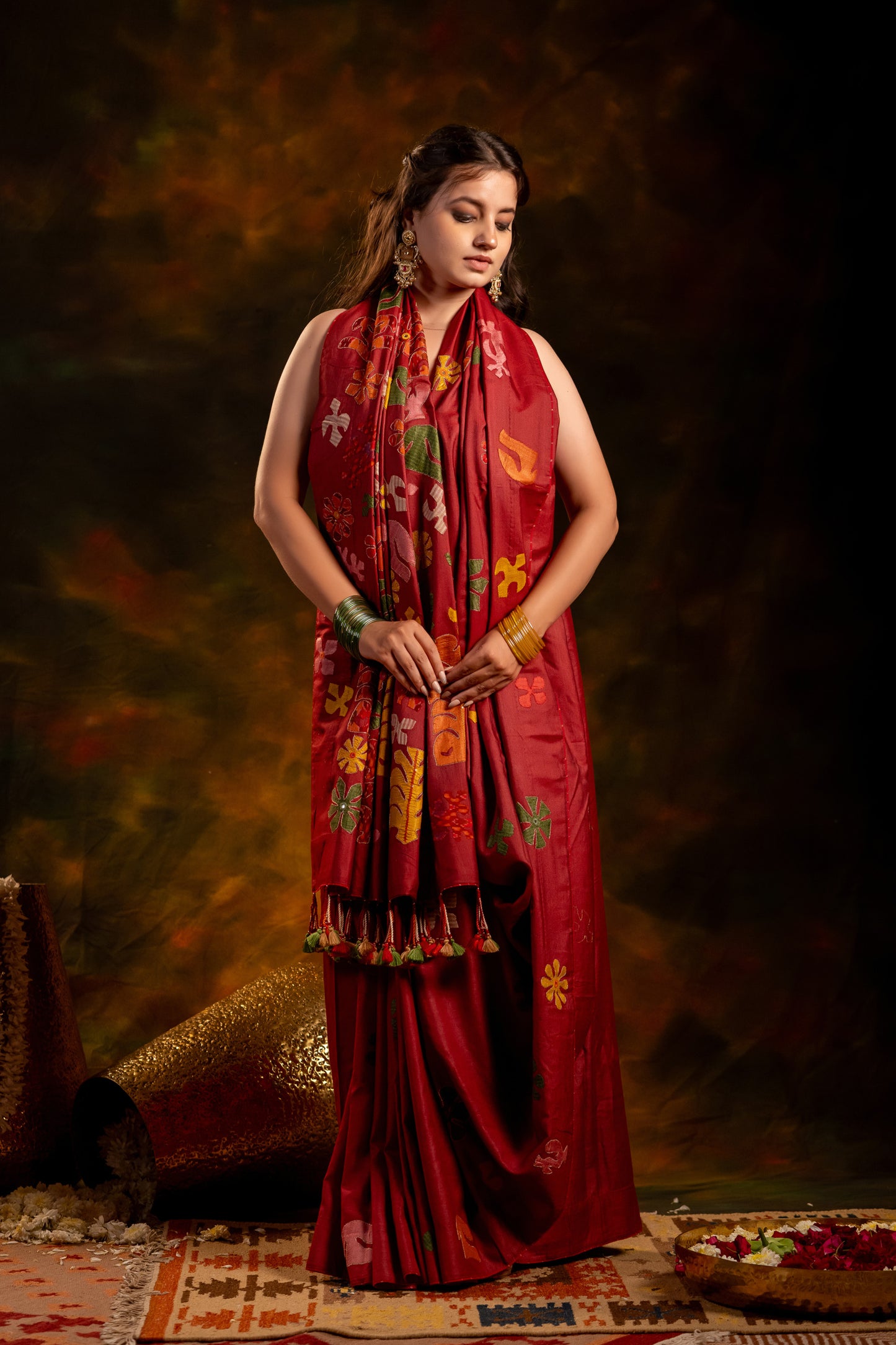 Exclusive Deep Red Satin Silk Saree With Hand-Cut Appliqué & Tassels