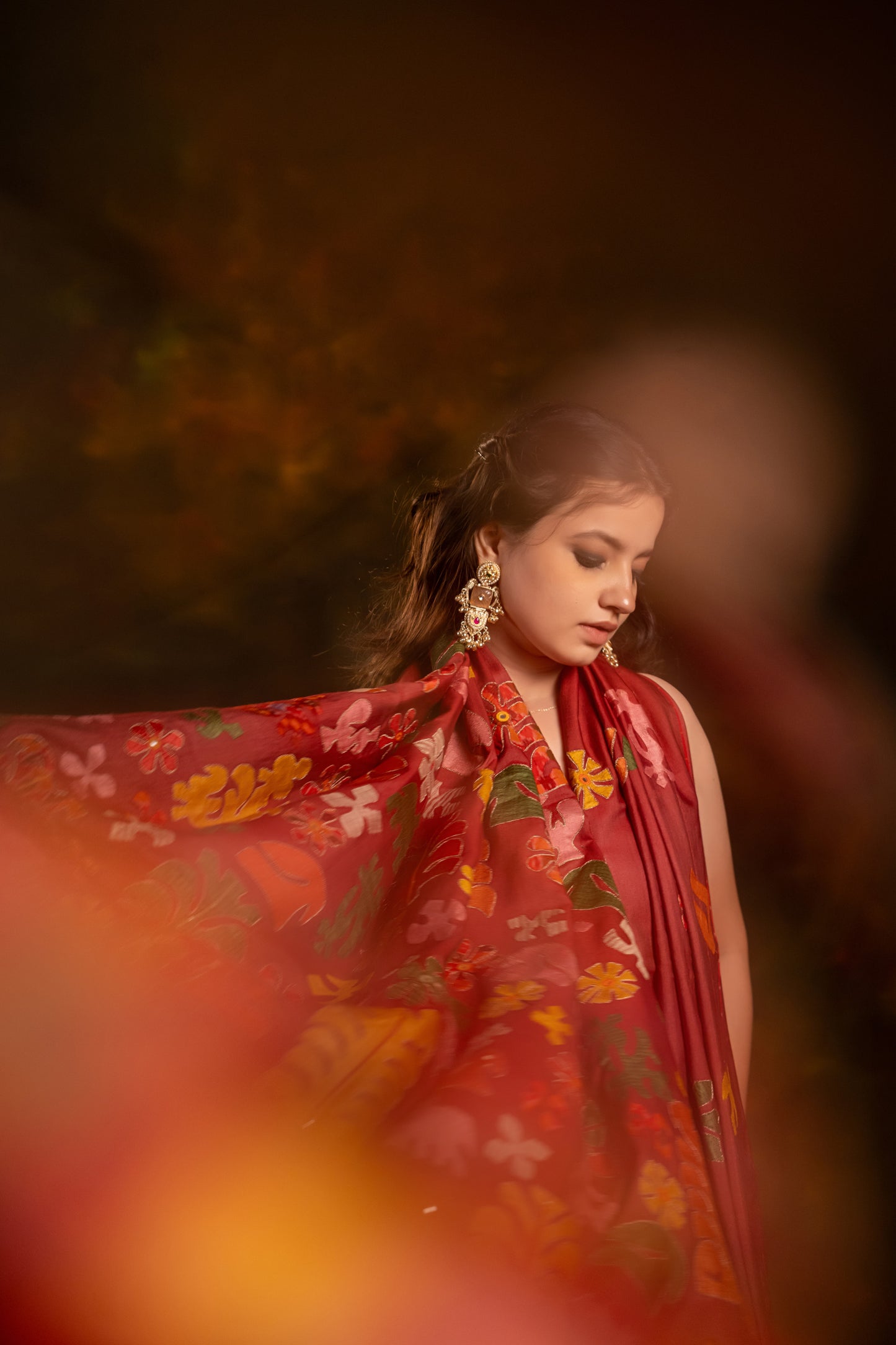 Exclusive Deep Red Satin Silk Saree With Hand-Cut Appliqué & Tassels