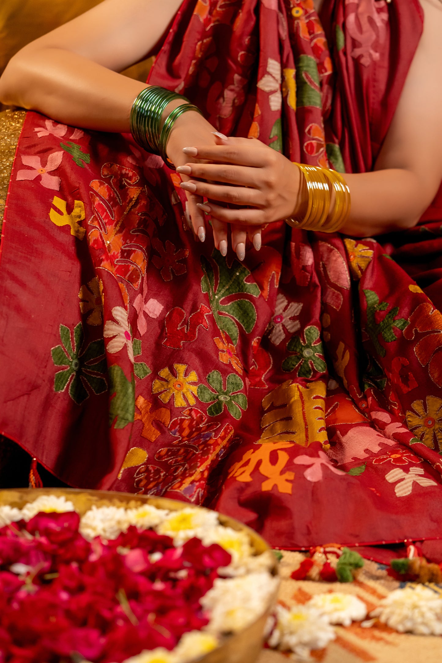 Exclusive Deep Red Satin Silk Saree With Hand-Cut Appliqué & Tassels