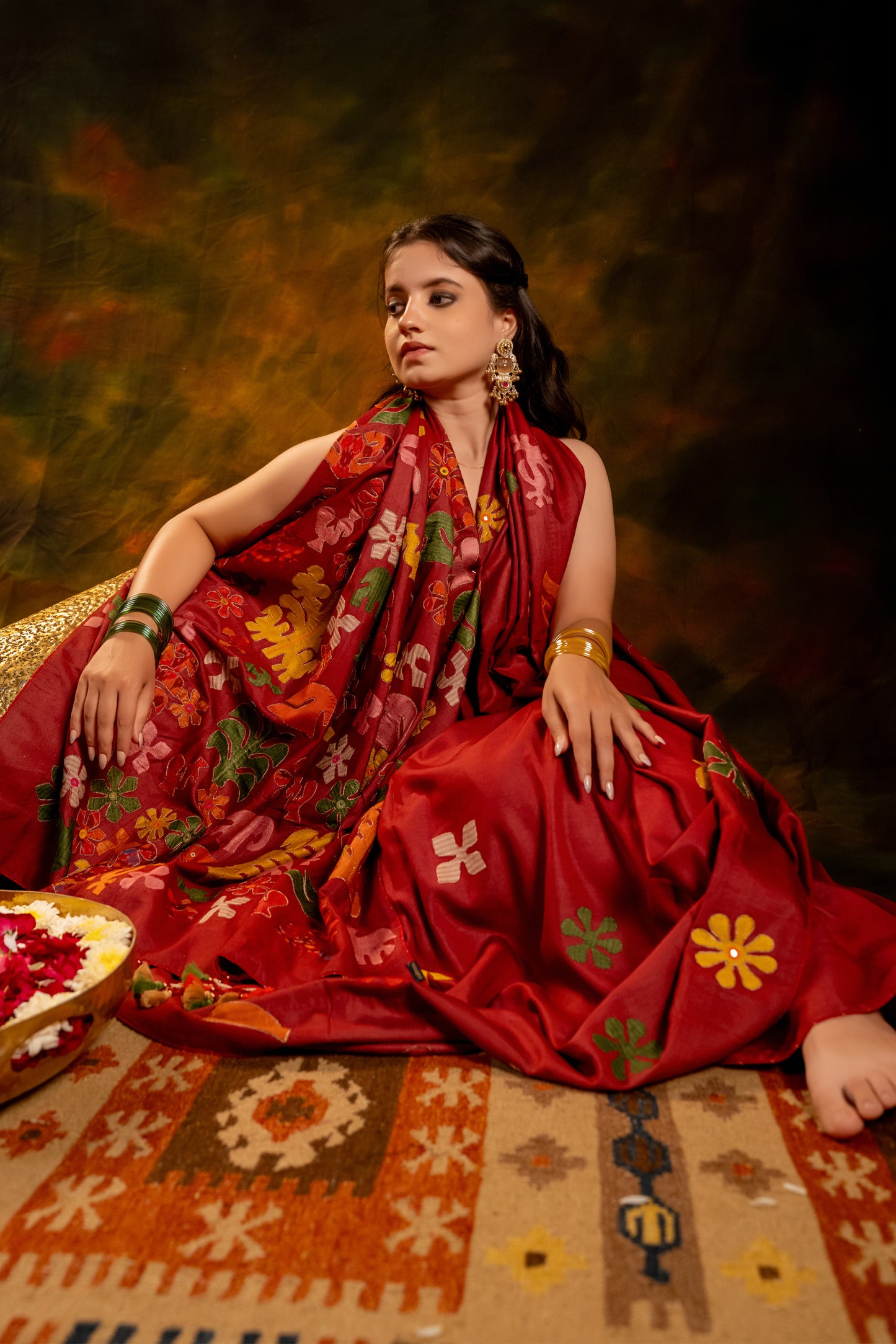 Exclusive Deep Red Satin Silk Saree With Hand-Cut Appliqué & Tassels