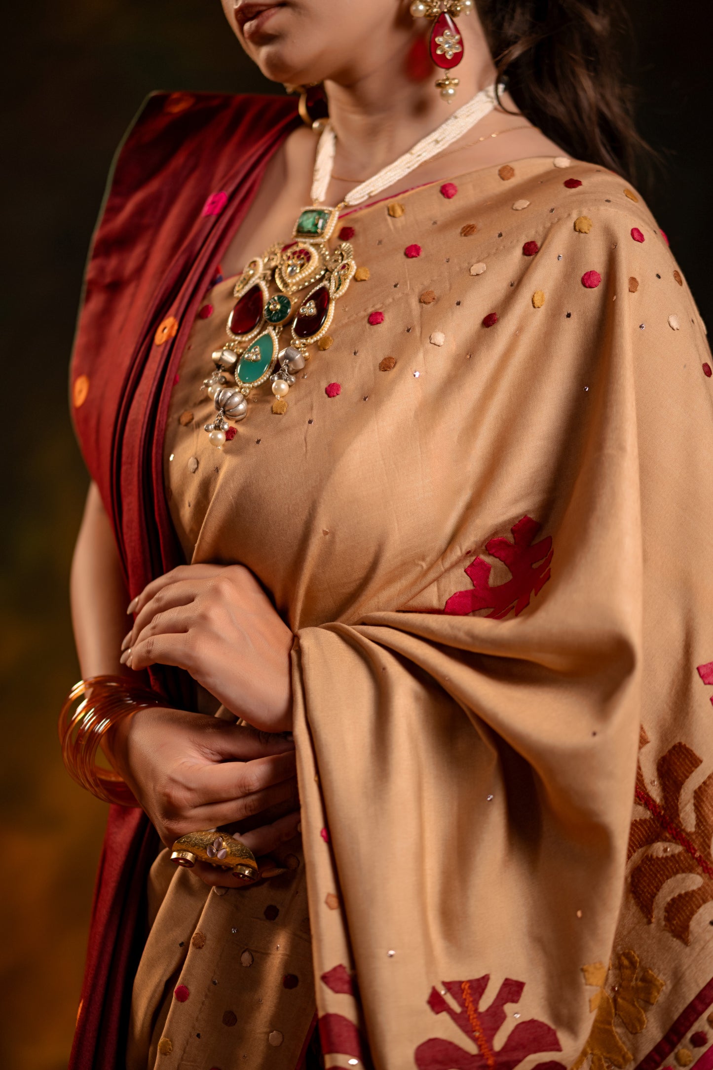 Luxury Satin Silk Saree in Beige With Red Hand Appliqué