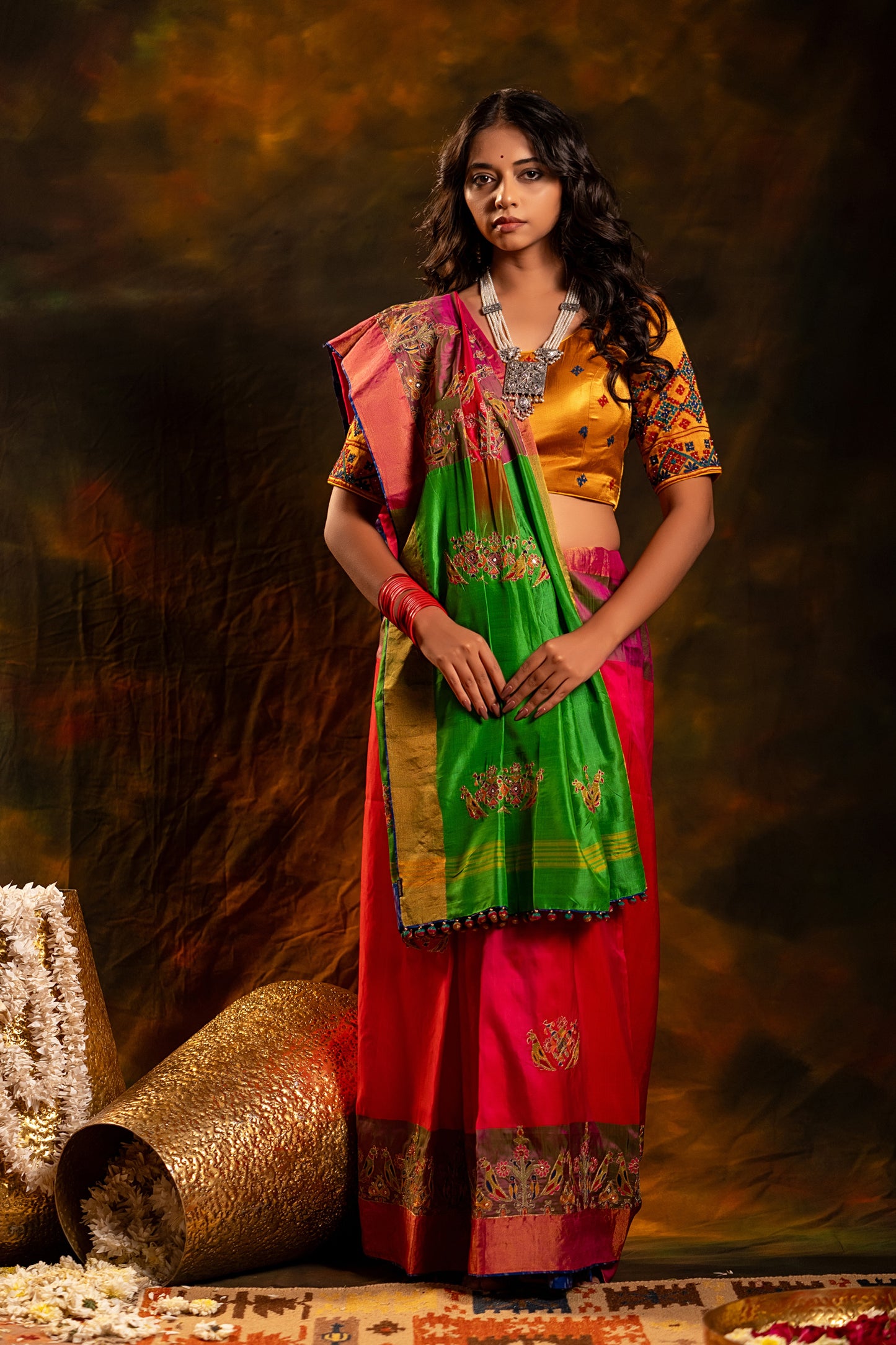 Festive Green-Pink Mulberry Silk Saree With Aari Needlework