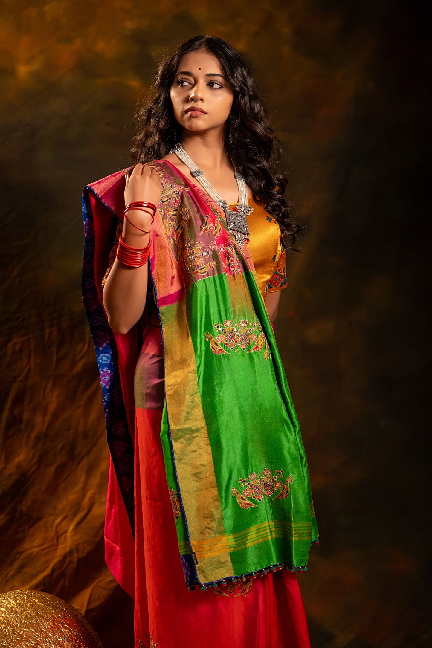 Festive Green-Pink Mulberry Silk Saree With Aari Needlework