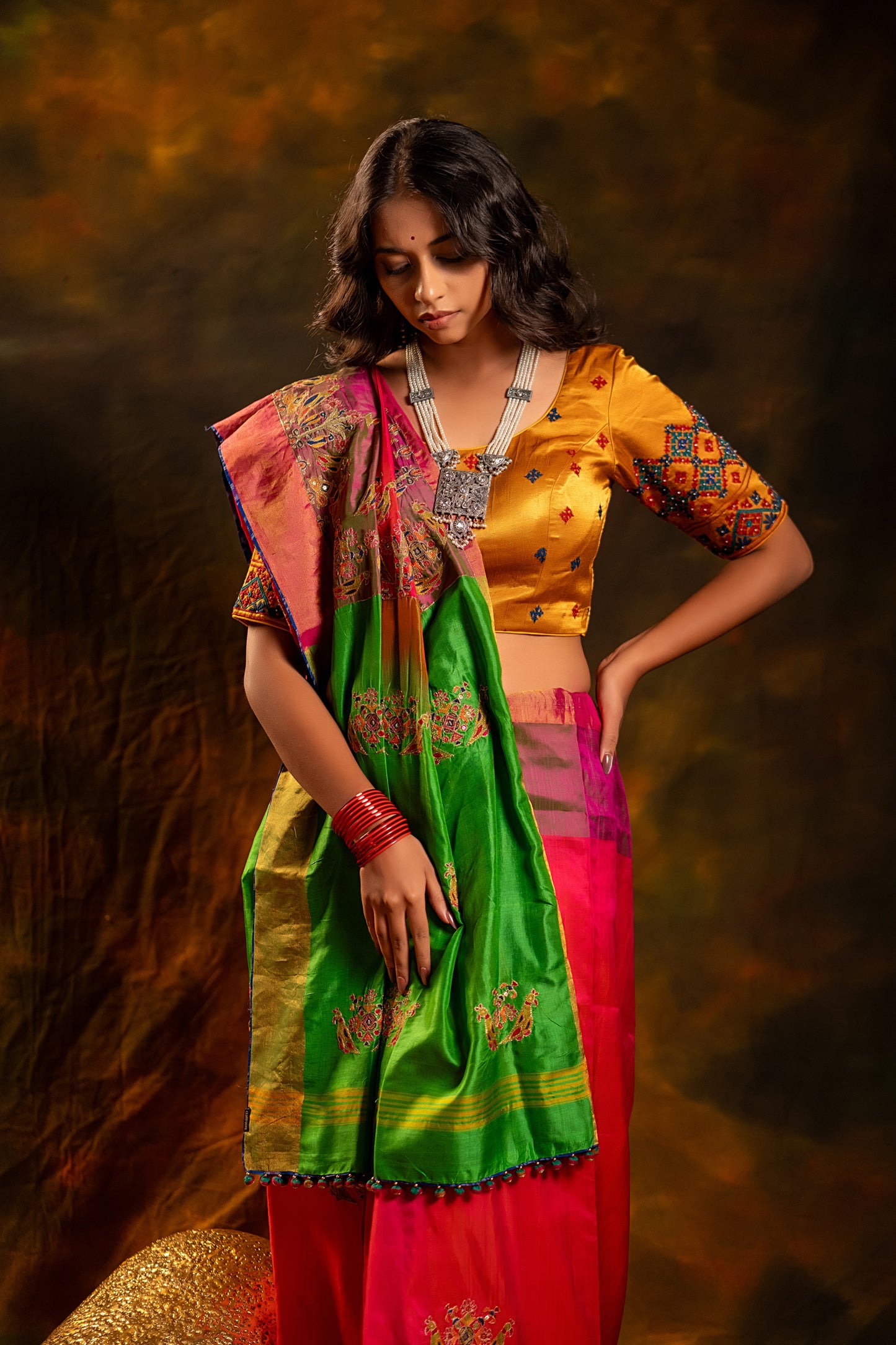 Festive Green-Pink Mulberry Silk Saree With Aari Needlework