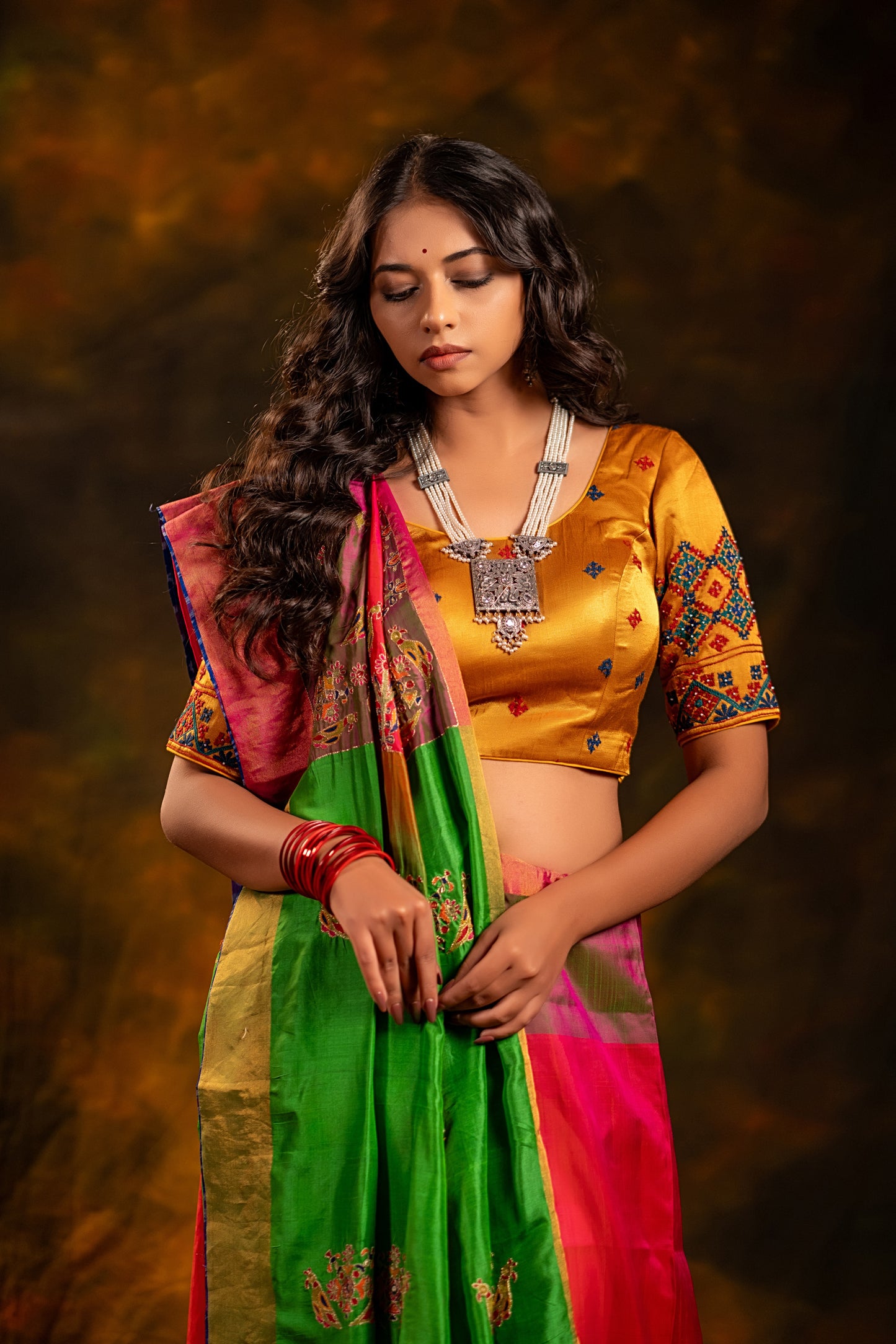 Festive Green-Pink Mulberry Silk Saree With Aari Needlework