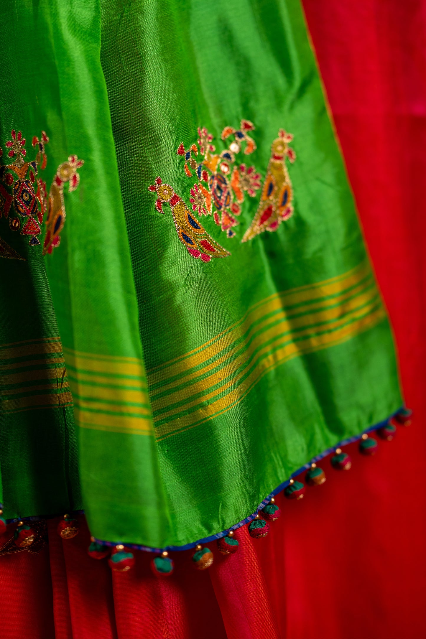 Festive Green-Pink Mulberry Silk Saree With Aari Needlework