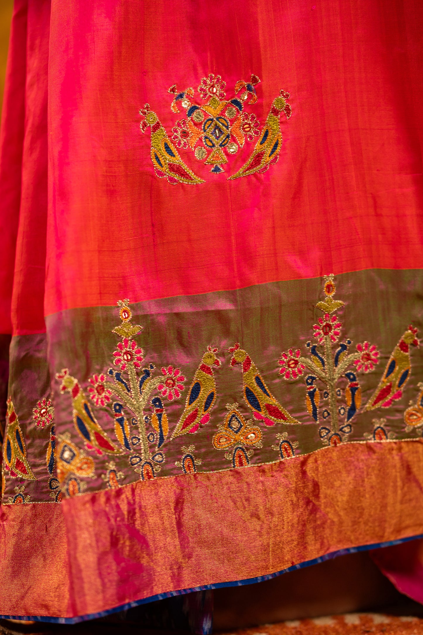 Festive Green-Pink Mulberry Silk Saree With Aari Needlework