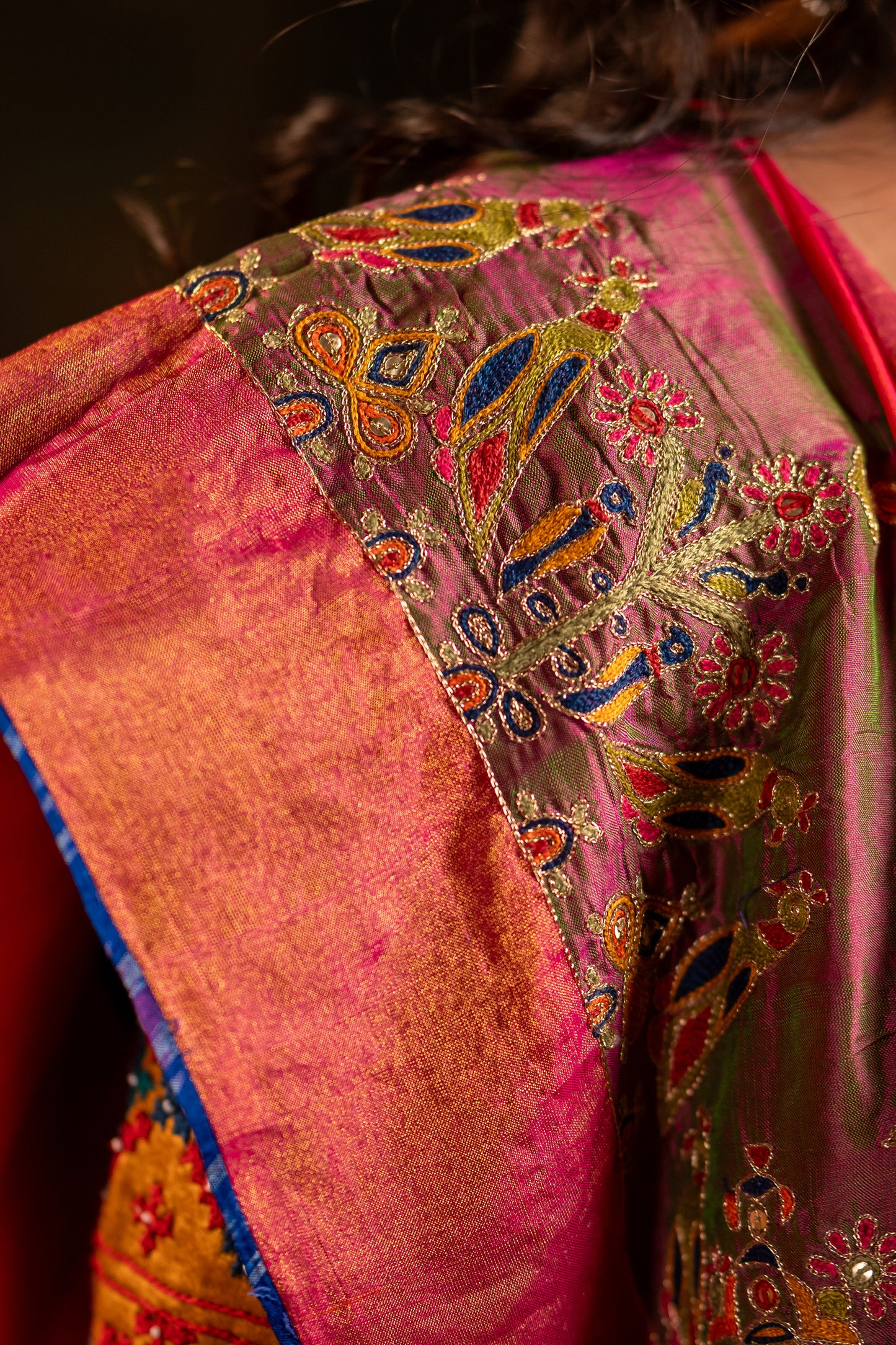 Festive Green-Pink Mulberry Silk Saree With Aari Needlework