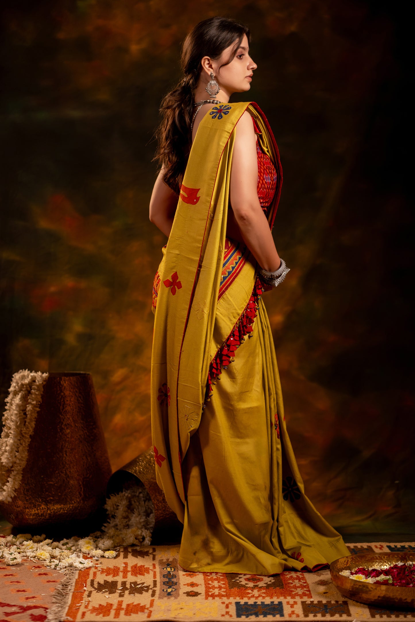 Handwoven Lime Green Satin Silk Saree With Appliqué Motifs