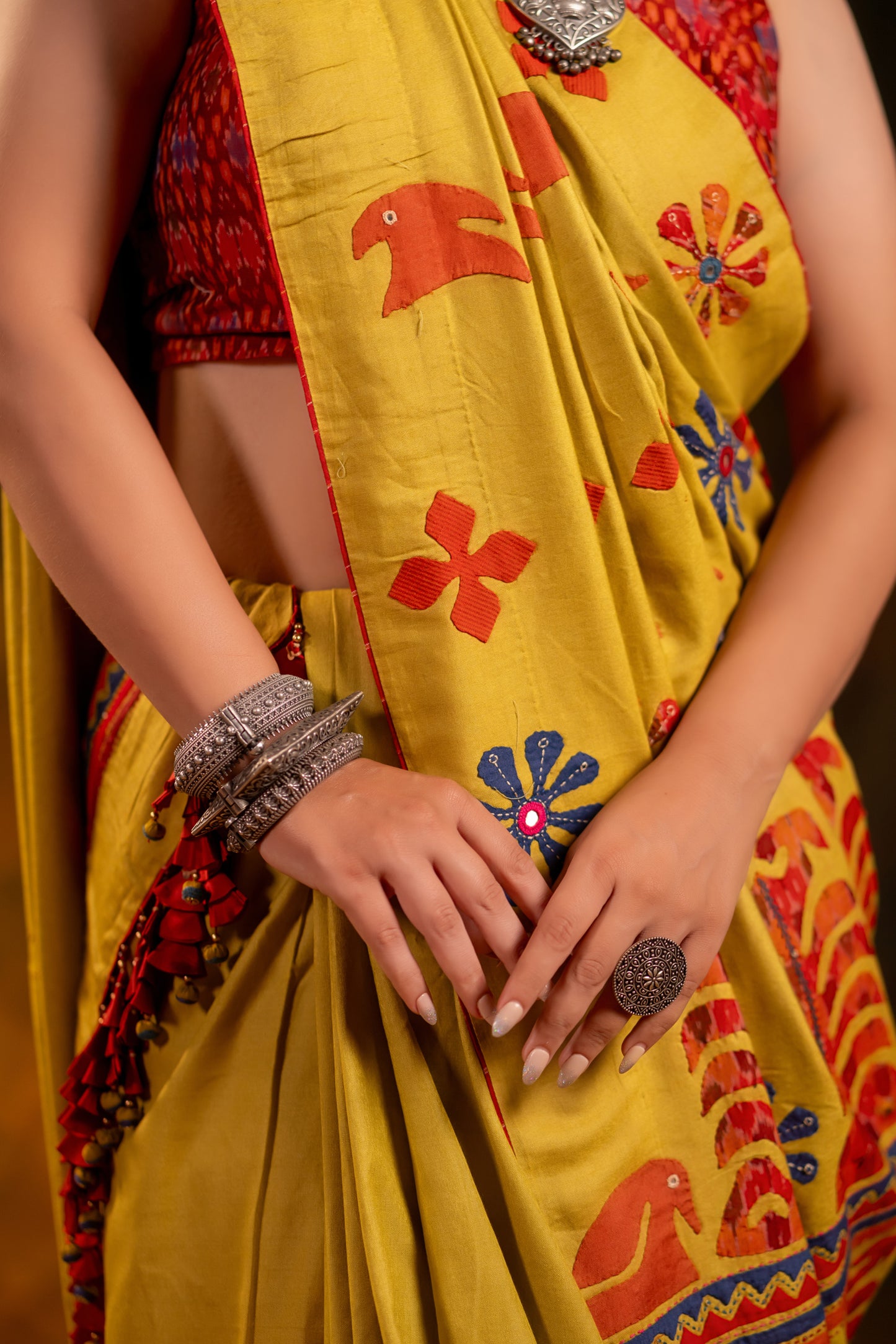 Handwoven Lime Green Satin Silk Saree With Appliqué Motifs