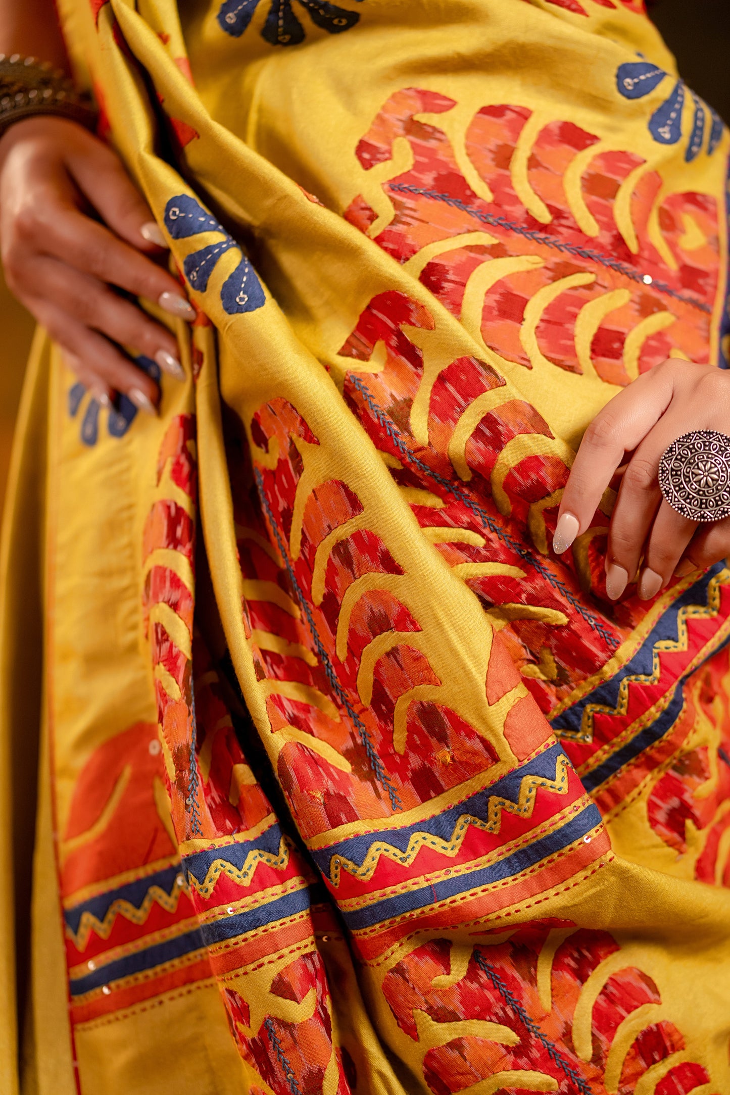Handwoven Lime Green Satin Silk Saree With Appliqué Motifs