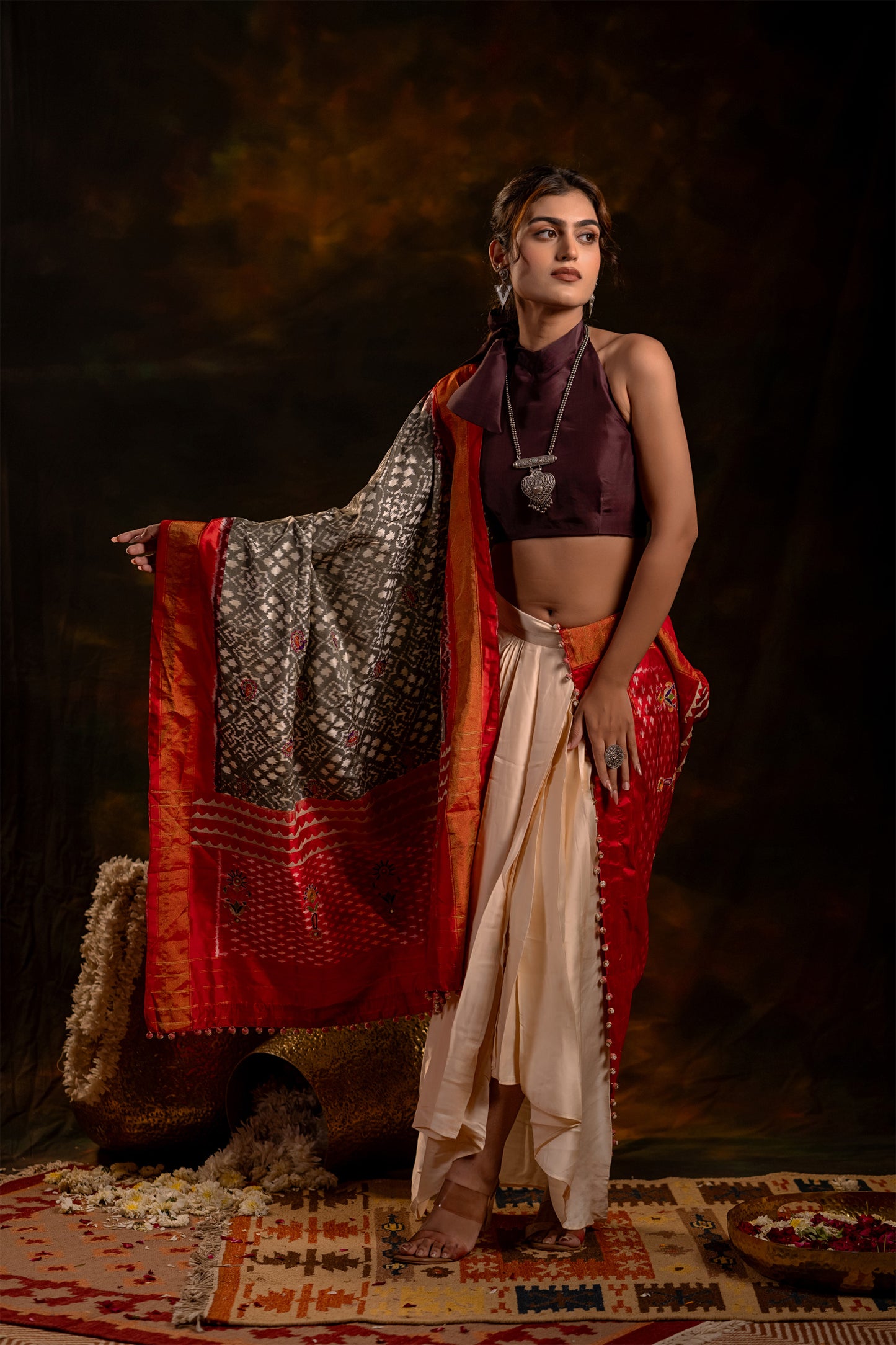Festive Red and Grey Patola Silk-Tissue Dupatta With Artisanal Charm