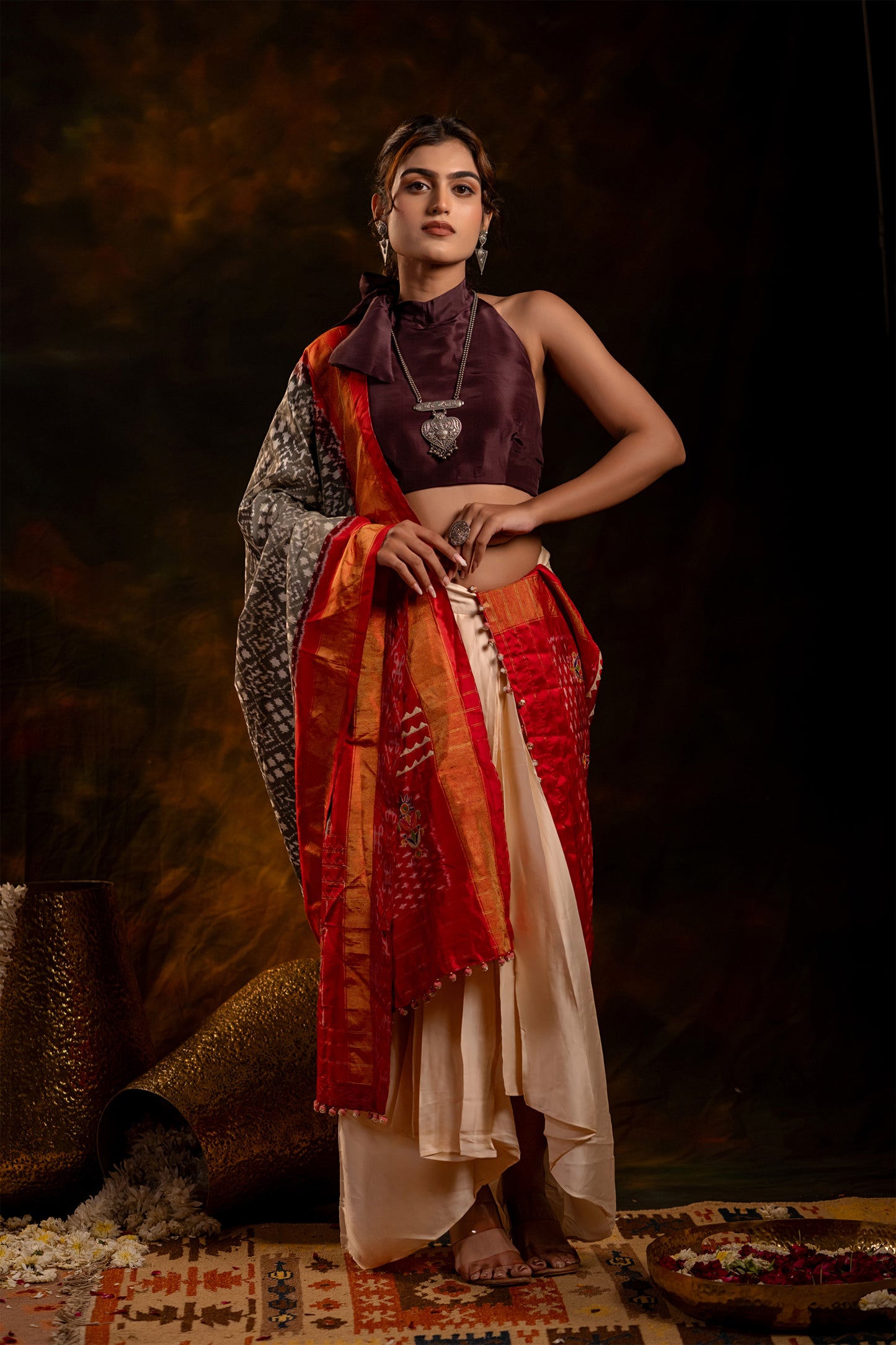 Festive Red and Grey Patola Silk-Tissue Dupatta With Artisanal Charm