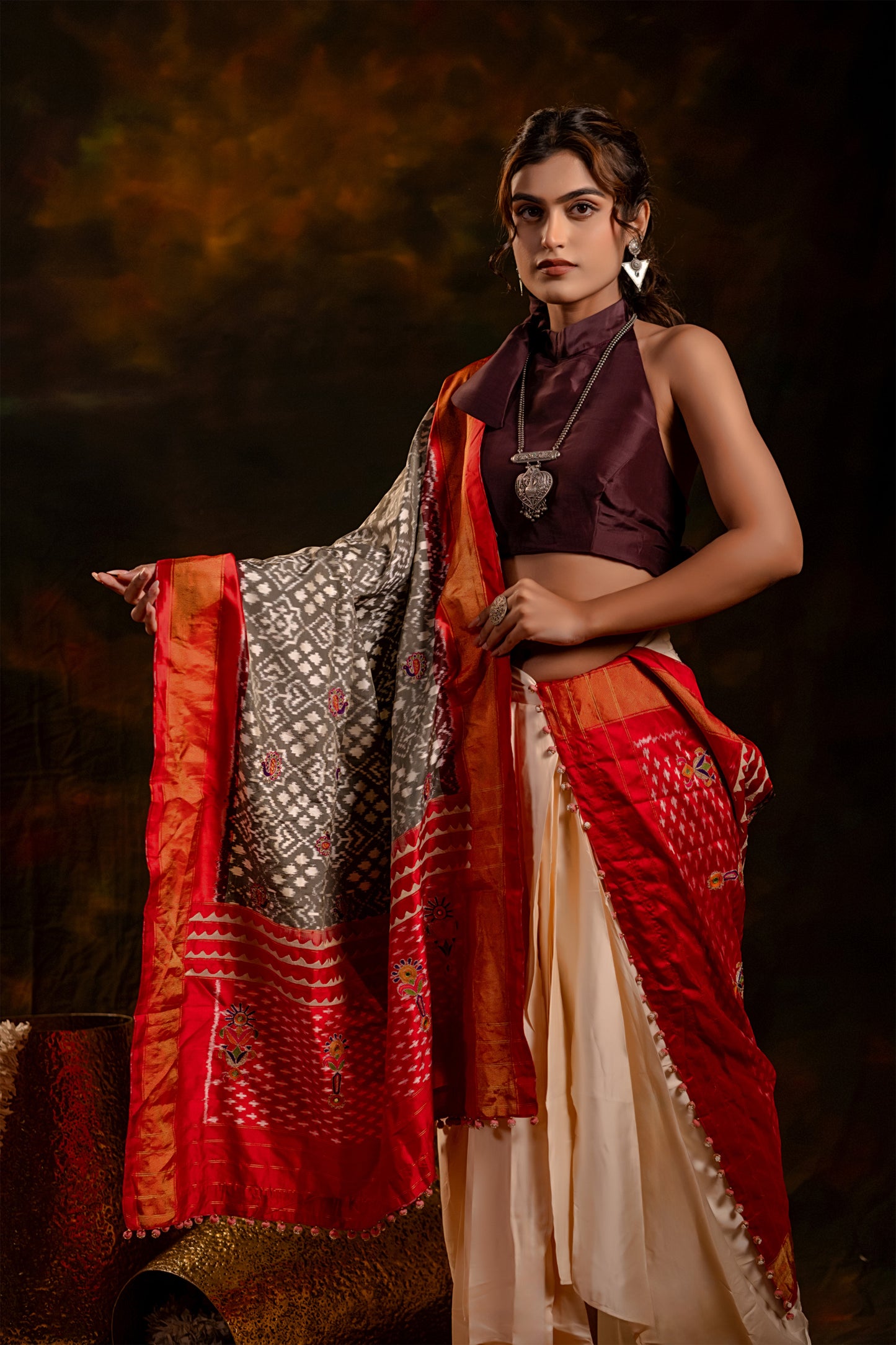 Festive Red and Grey Patola Silk-Tissue Dupatta With Artisanal Charm