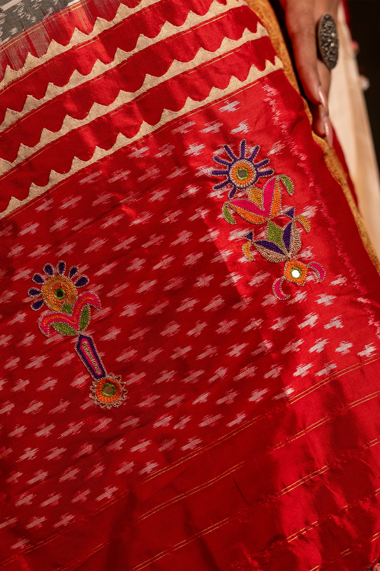 Festive Red and Grey Patola Silk-Tissue Dupatta With Artisanal Charm