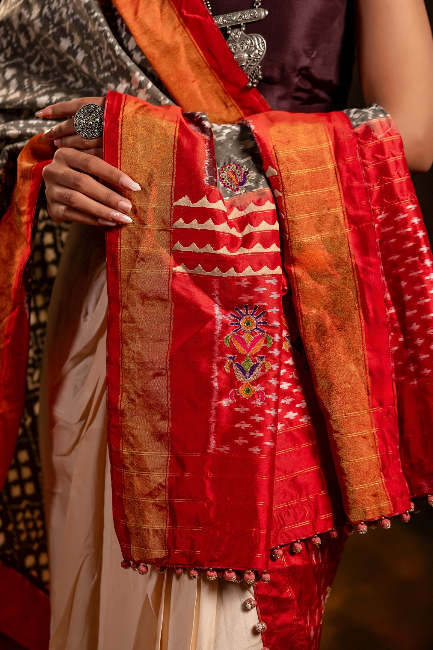 Festive Red and Grey Patola Silk-Tissue Dupatta With Artisanal Charm