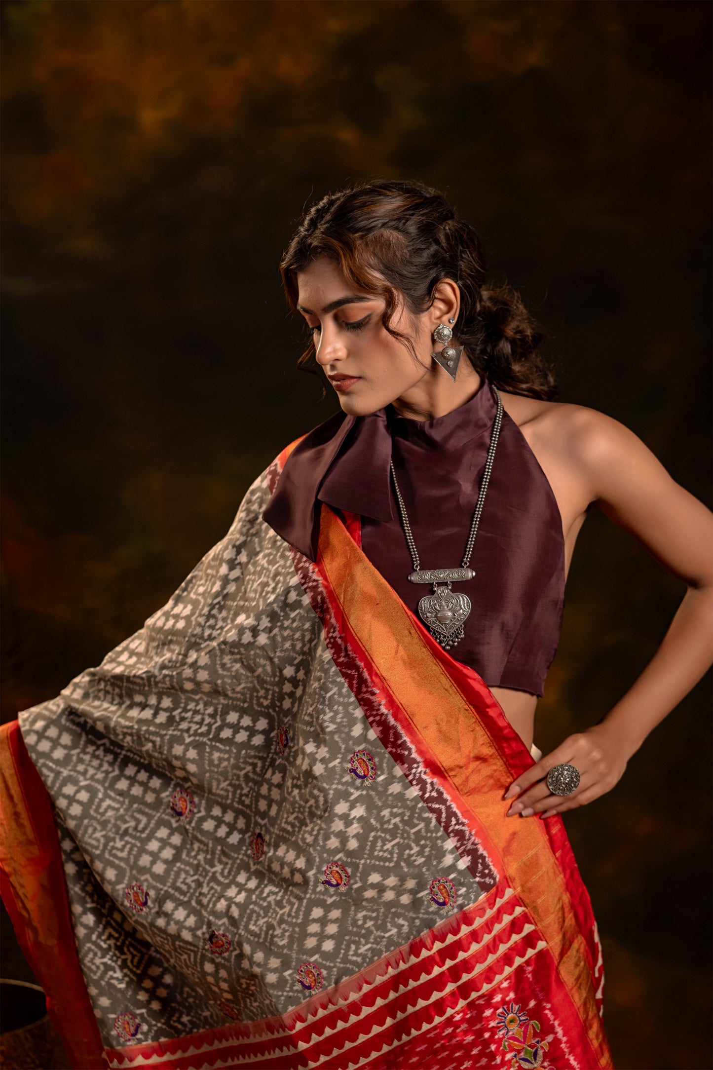 Festive Red and Grey Patola Silk-Tissue Dupatta With Artisanal Charm