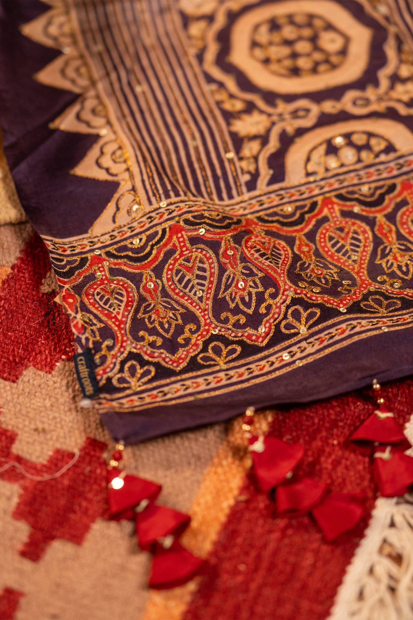 Black Handwoven Mashru Dupatta – Traditional Ajrakh & Aari Elegance