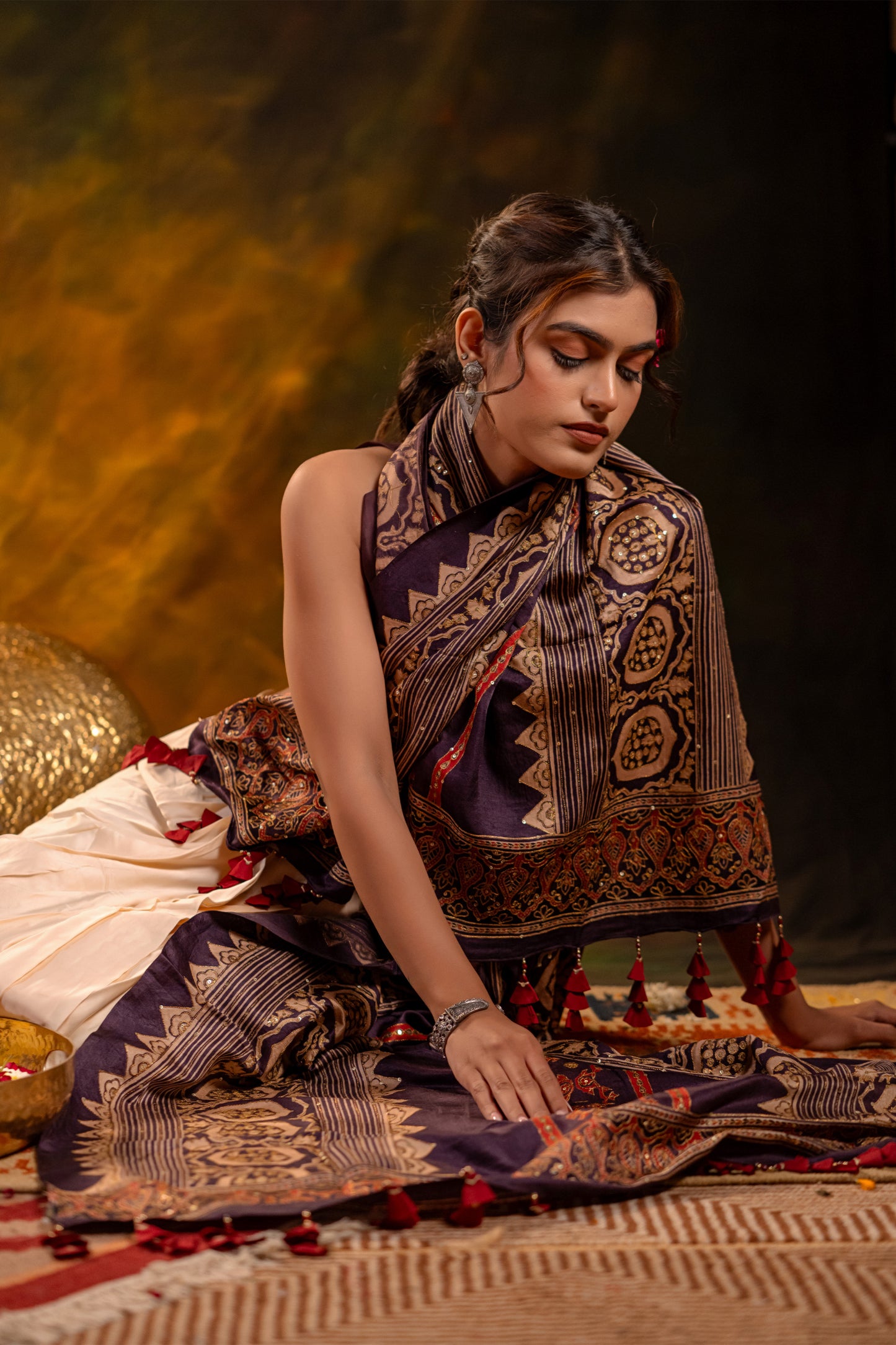 Black Handwoven Mashru Dupatta – Traditional Ajrakh & Aari Elegance