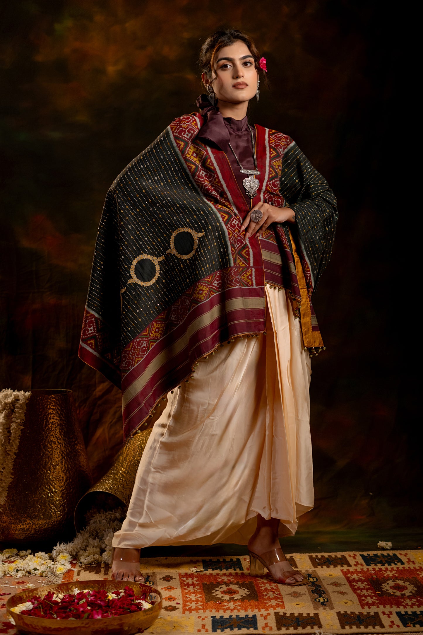 Artisanal Charcoal Black Cotton Dupatta With Heritage Weaves