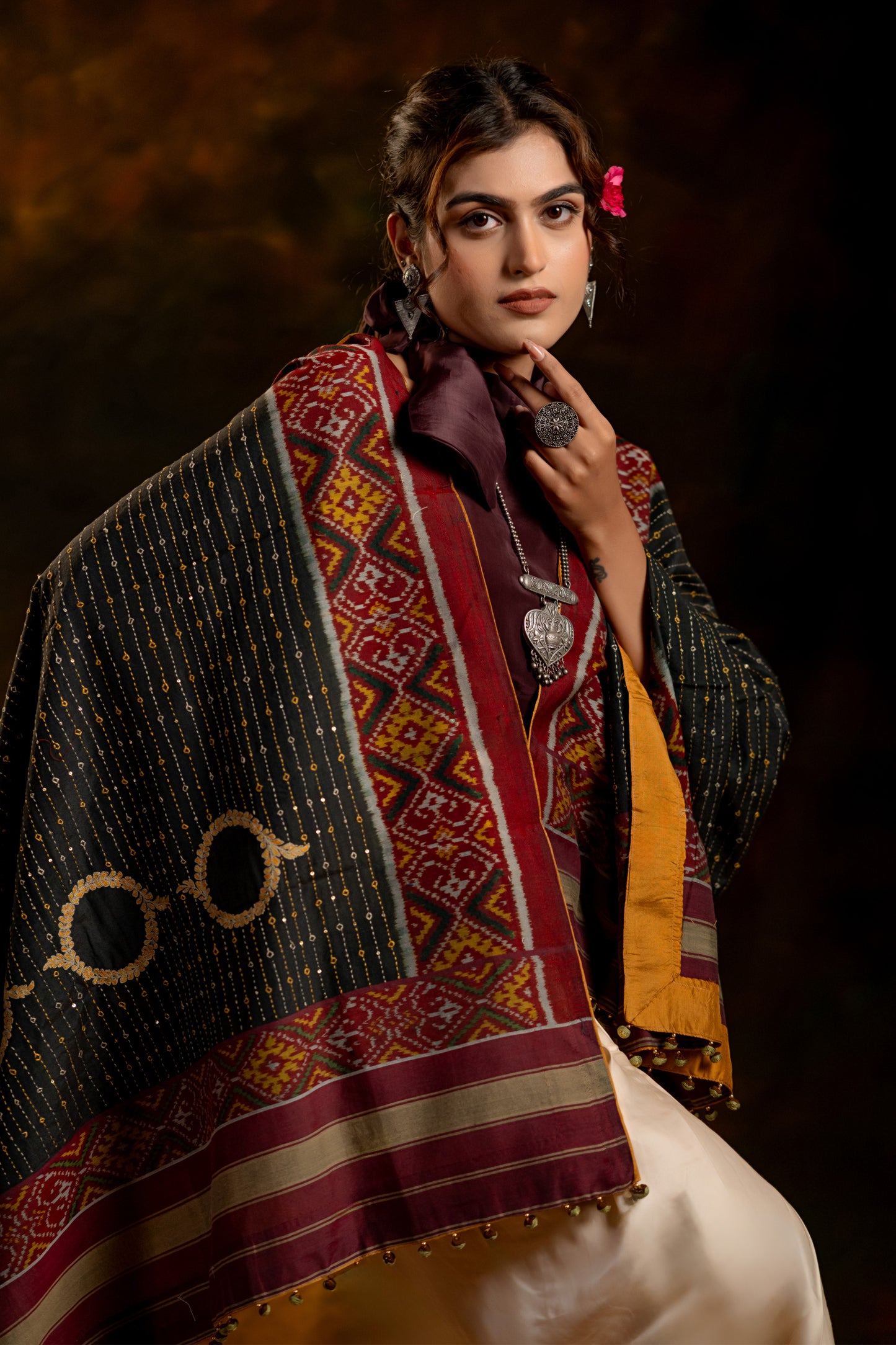 Artisanal Charcoal Black Cotton Dupatta With Heritage Weaves