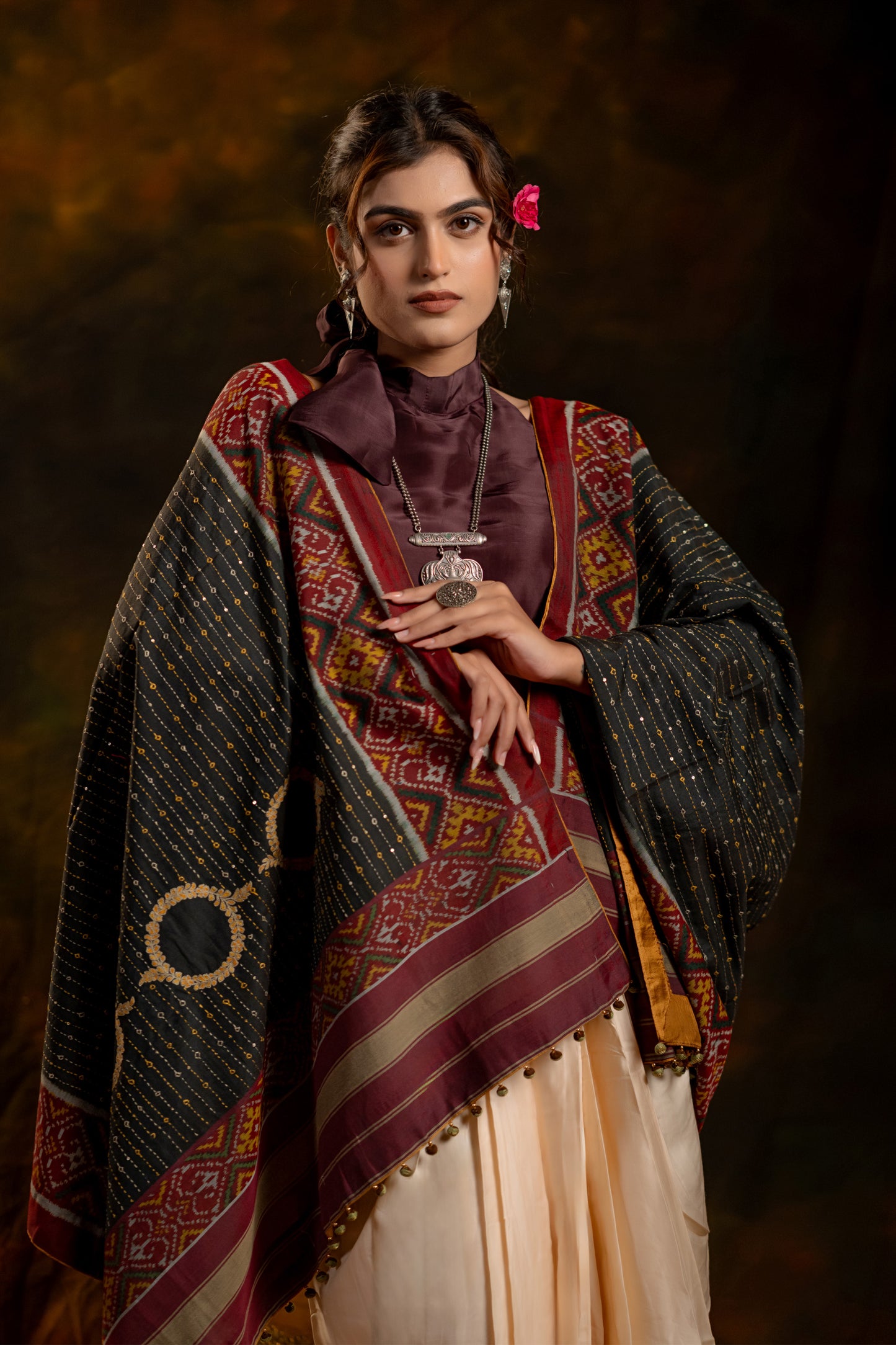 Artisanal Charcoal Black Cotton Dupatta With Heritage Weaves