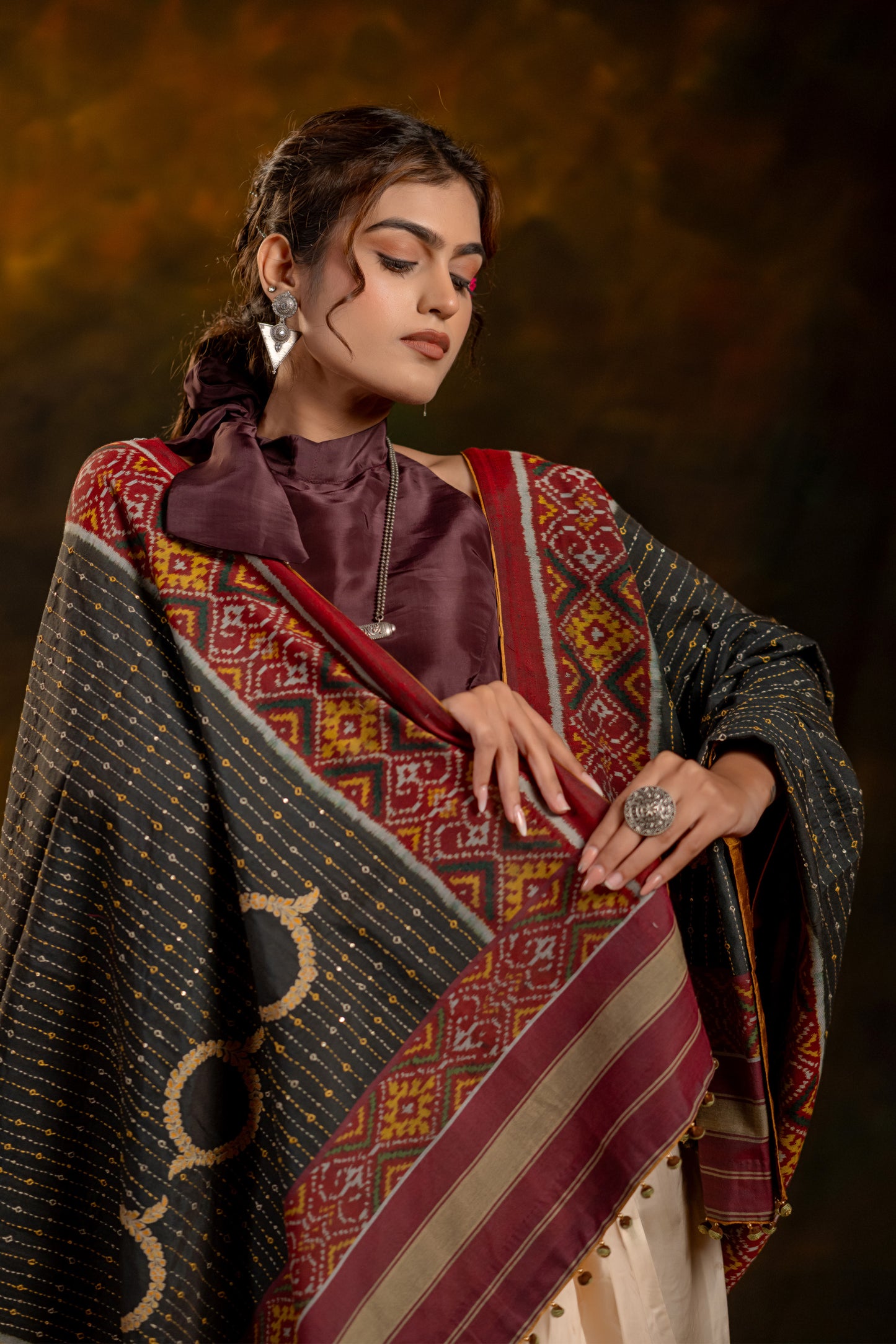 Artisanal Charcoal Black Cotton Dupatta With Heritage Weaves